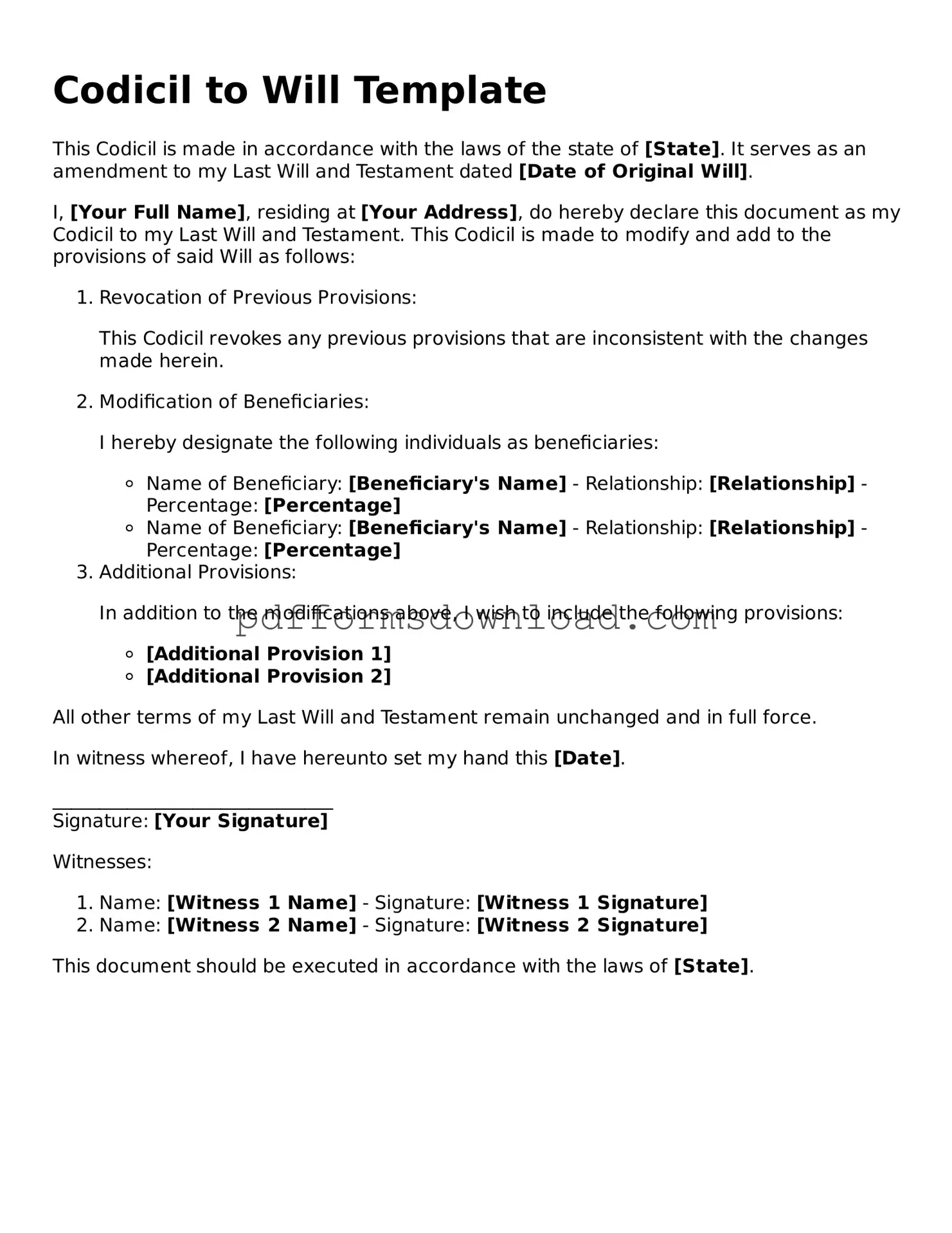 Official Codicil to Will Document