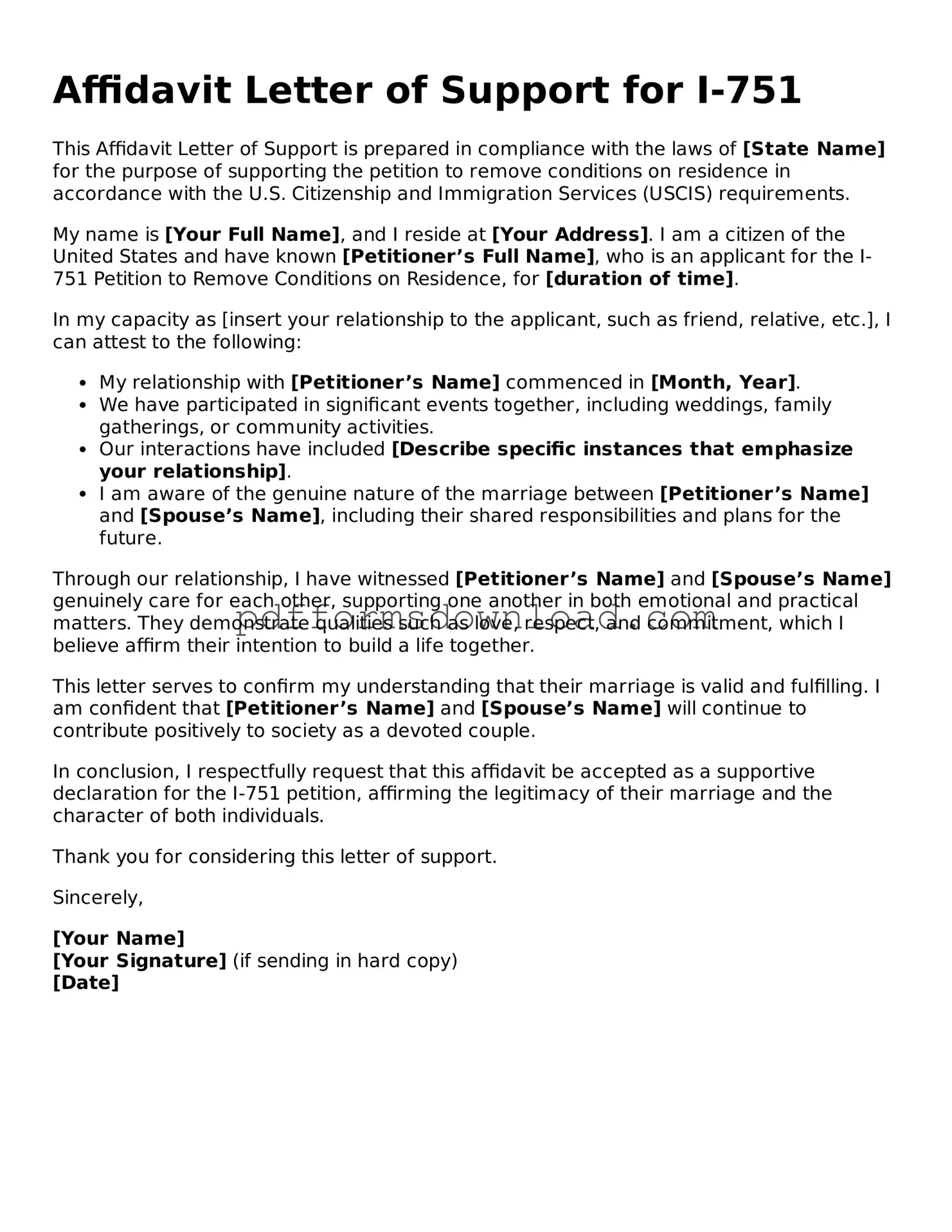 Official Affidavit Letter of Support for I-751 Document