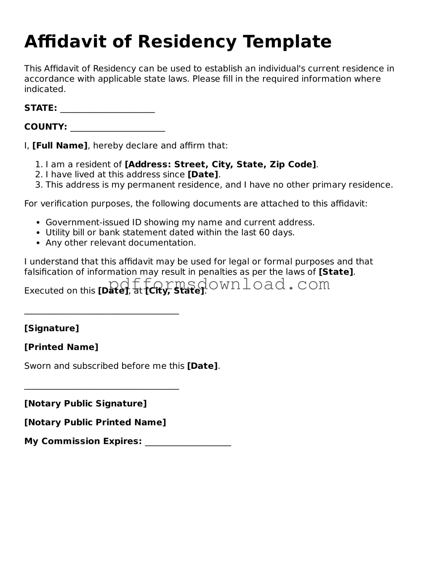 Official Affidavit of Residency Document