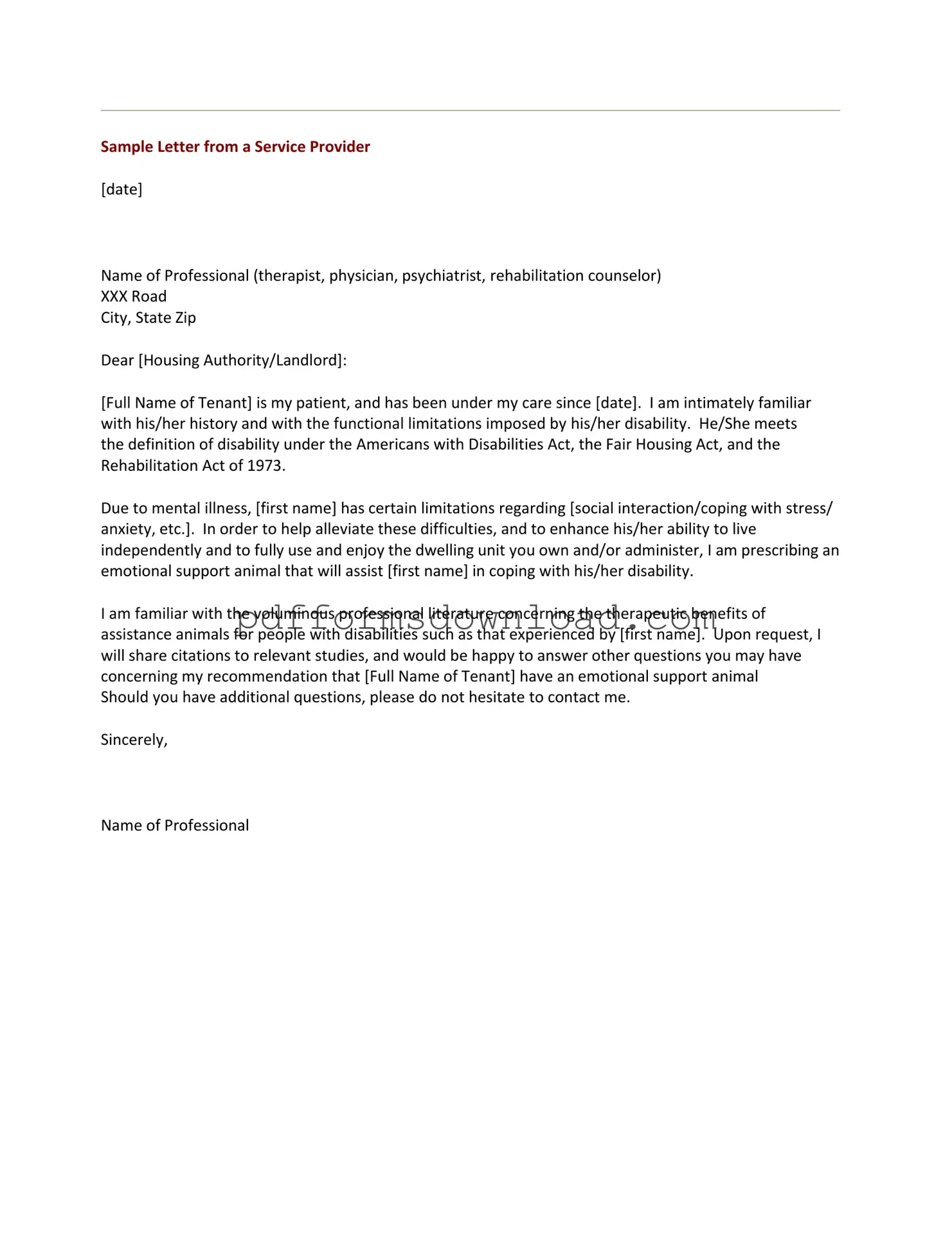 Download Emotional Support Animal Letter Template