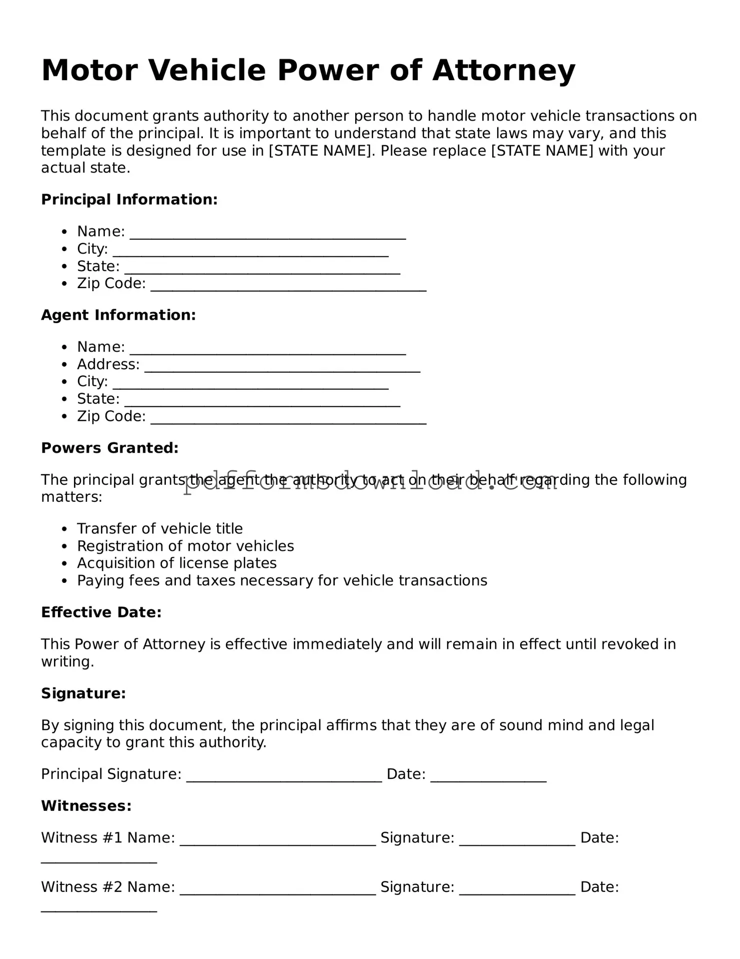 Official Motor Vehicle Power of Attorney Document