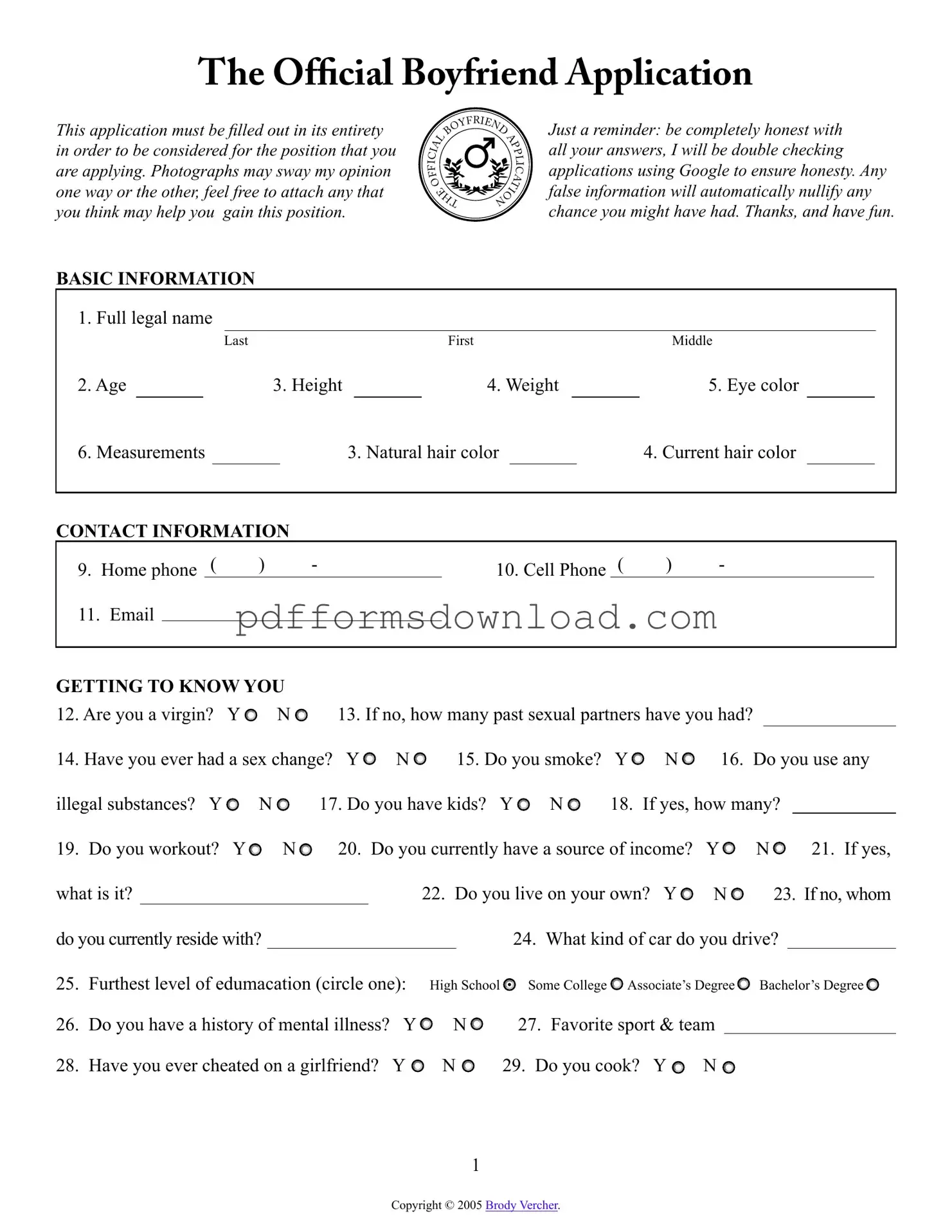 Download Boyfriend application form Template