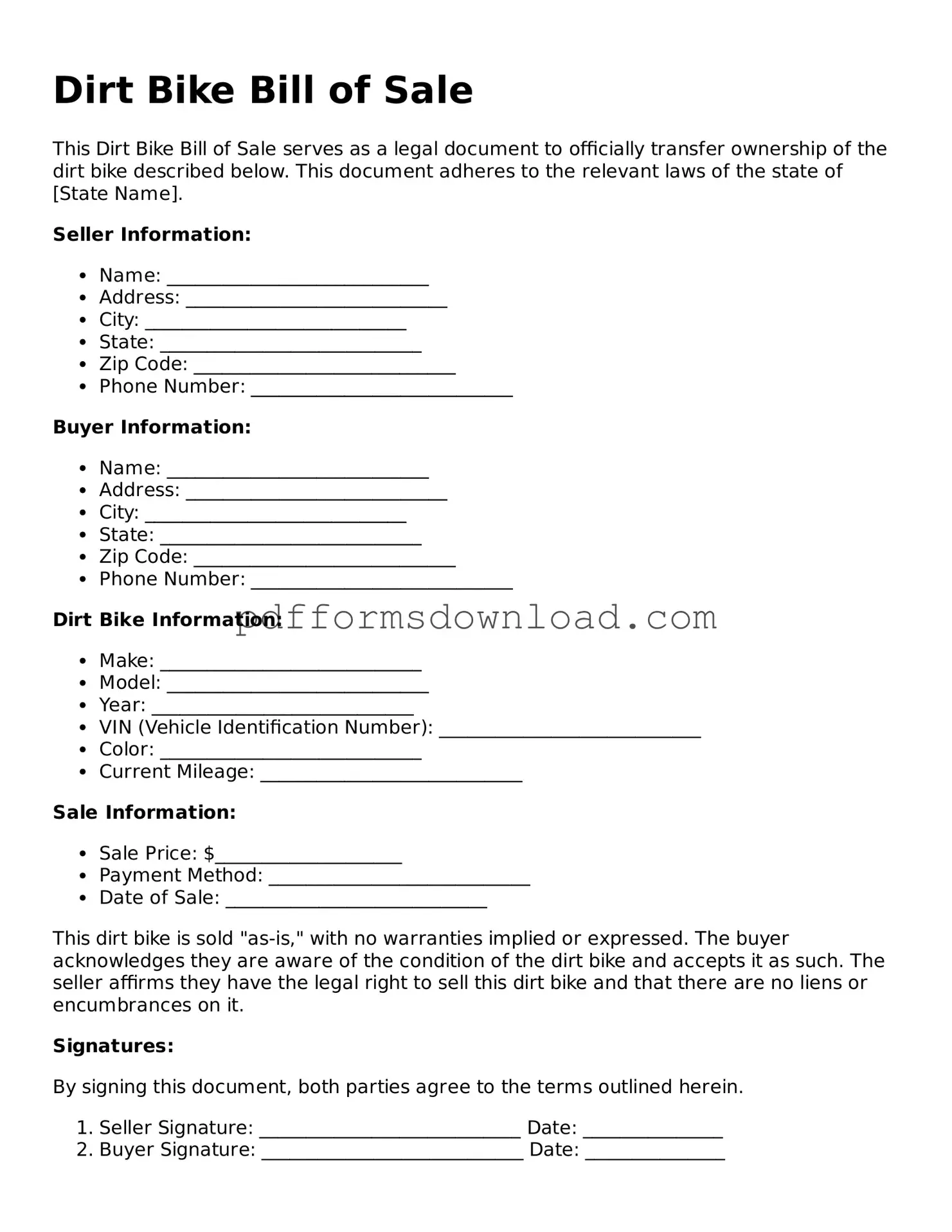 Official Dirt Bike Bill of Sale Document