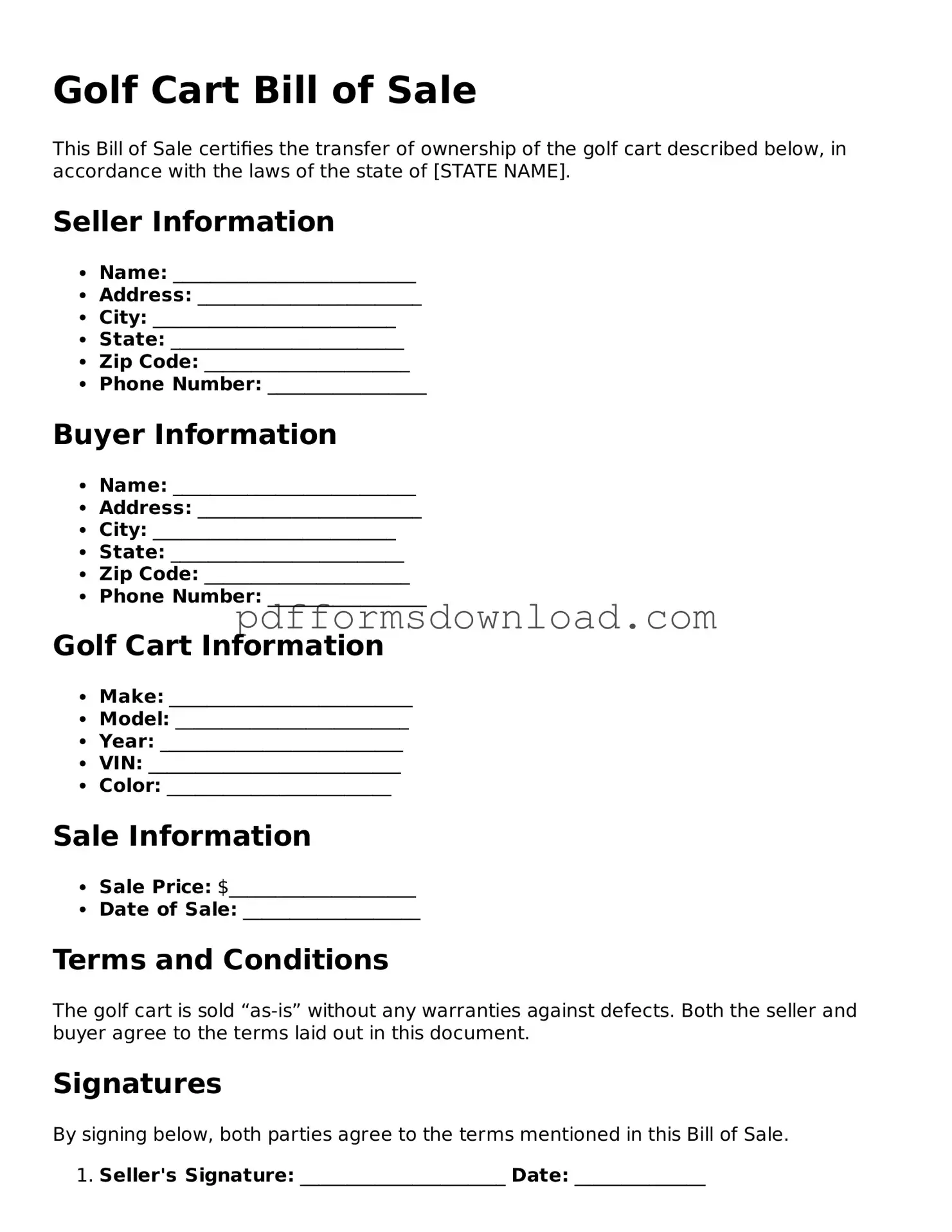 Official Golf Cart Bill of Sale Document