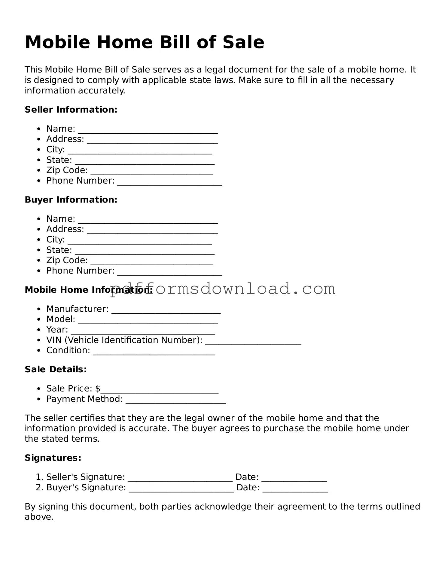 Official Mobile Home Bill of Sale Document