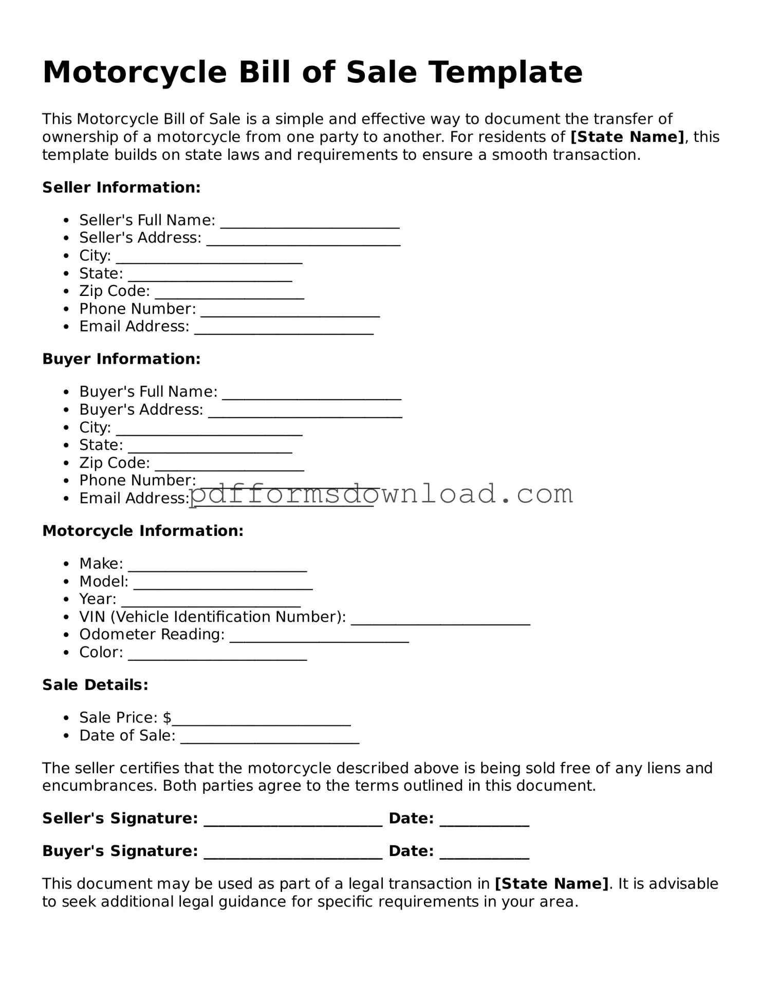 Official Motorcycle Bill of Sale Document