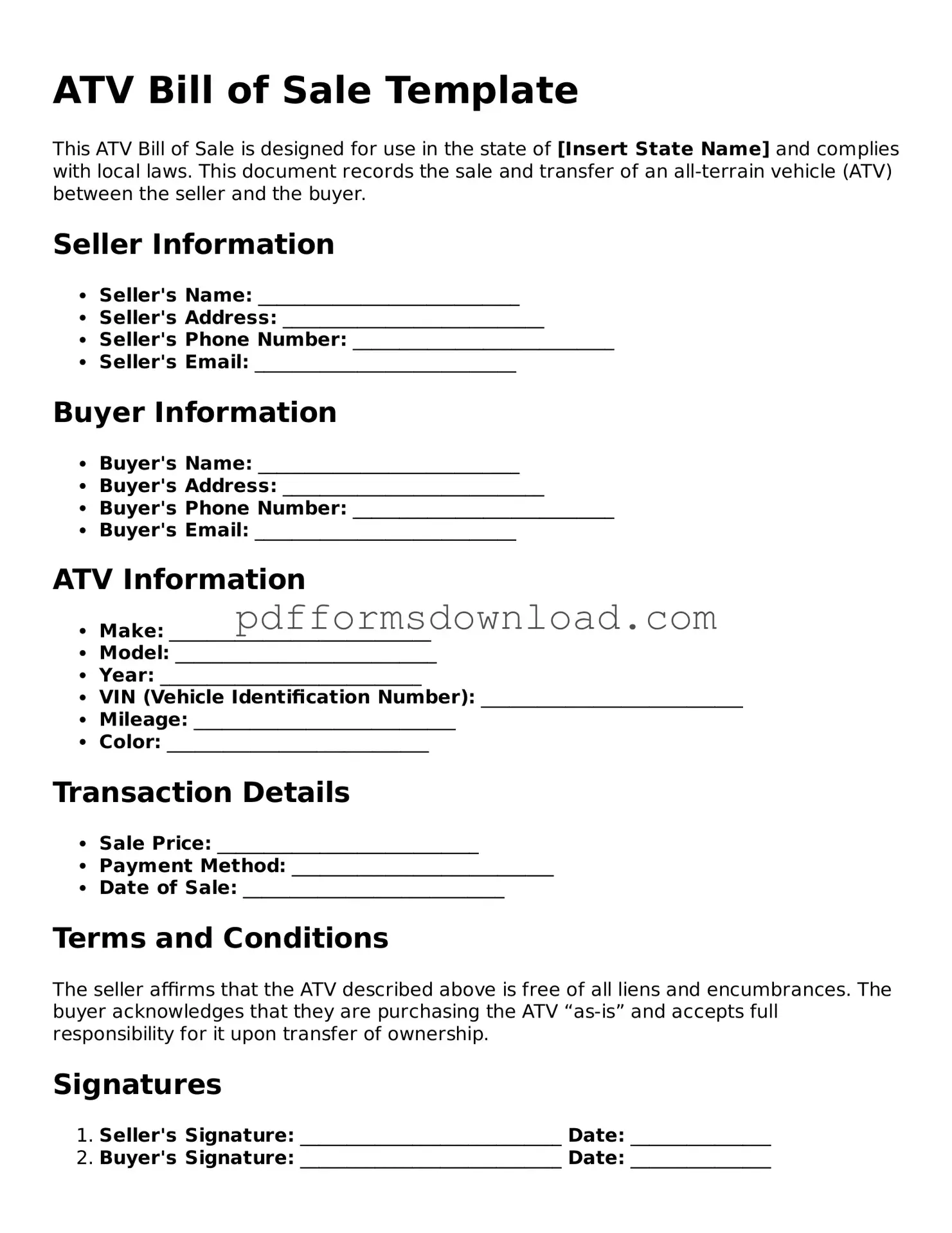 Official ATV Bill of Sale Document
