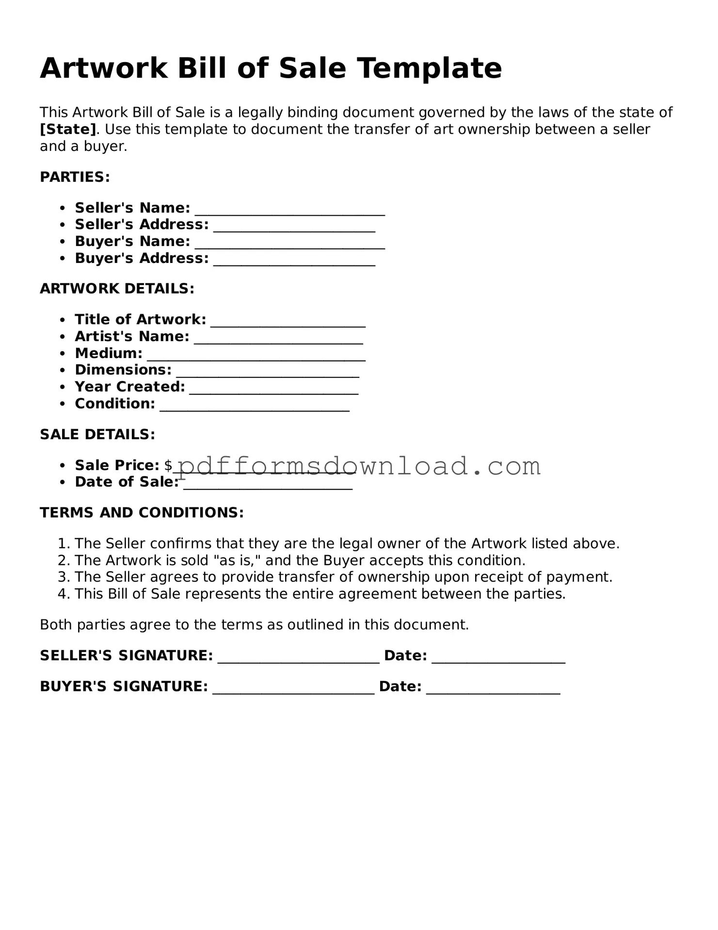 Official Artwork Bill of Sale Document