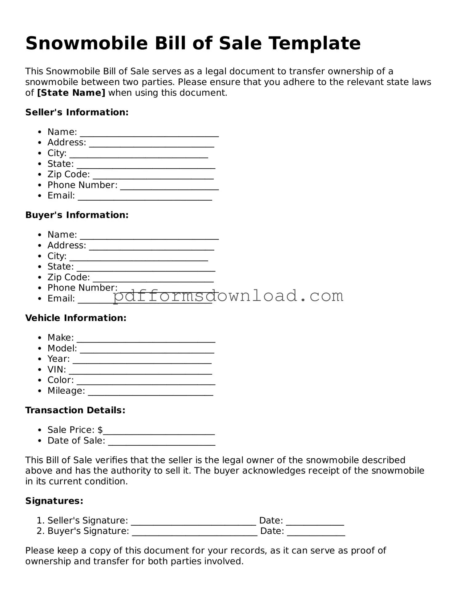 Official Snowmobile Bill of Sale Document