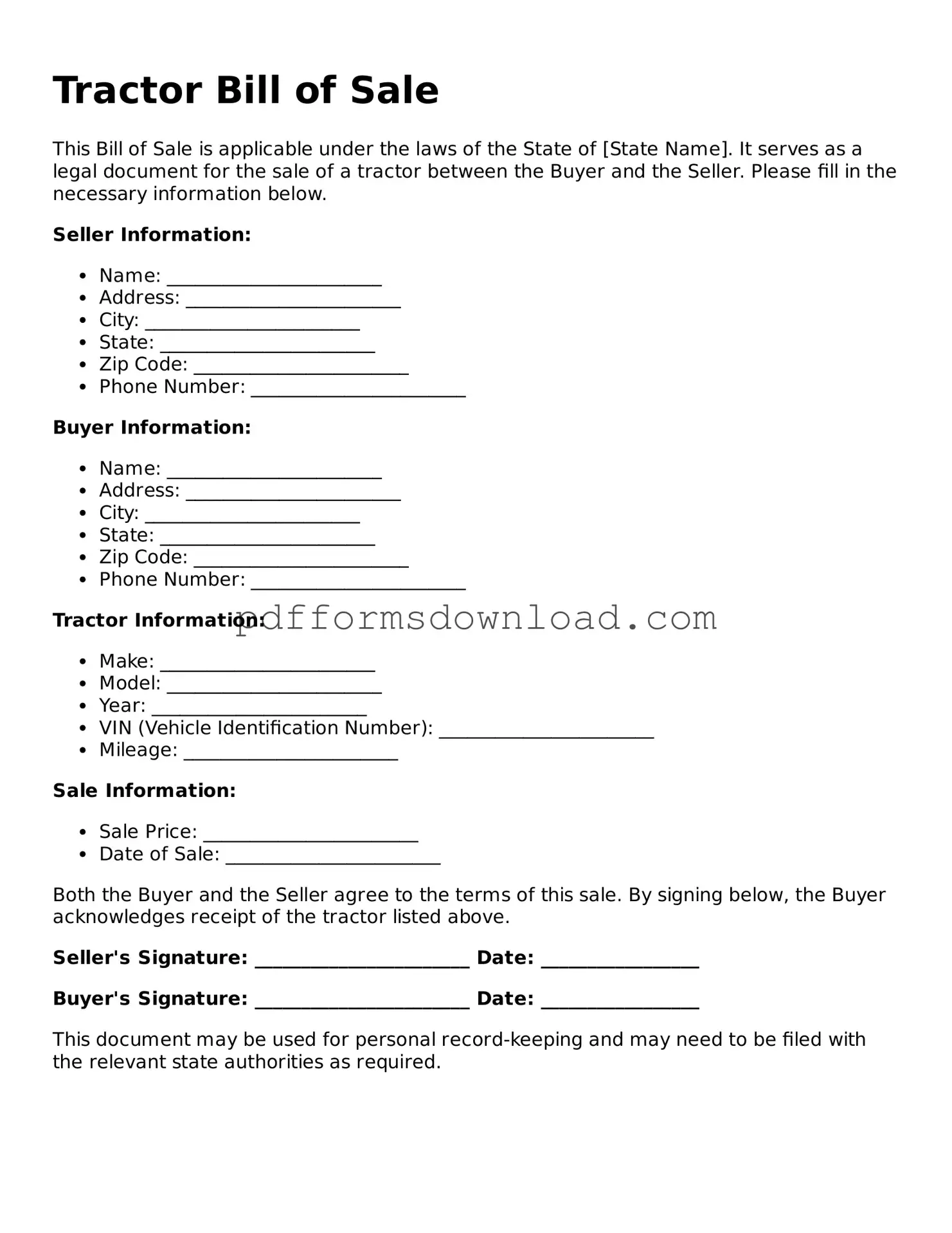 Official Tractor Bill of Sale Document