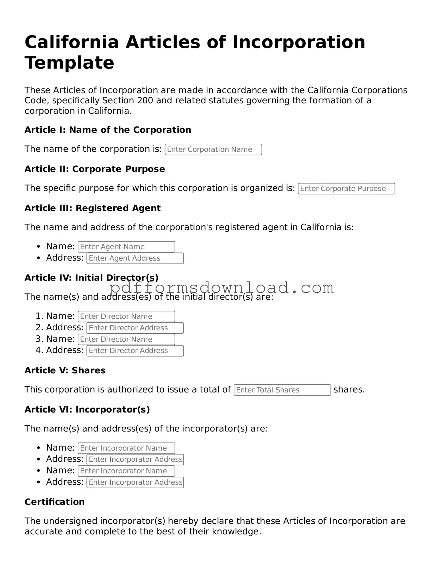 Printable California Articles of Incorporation Form