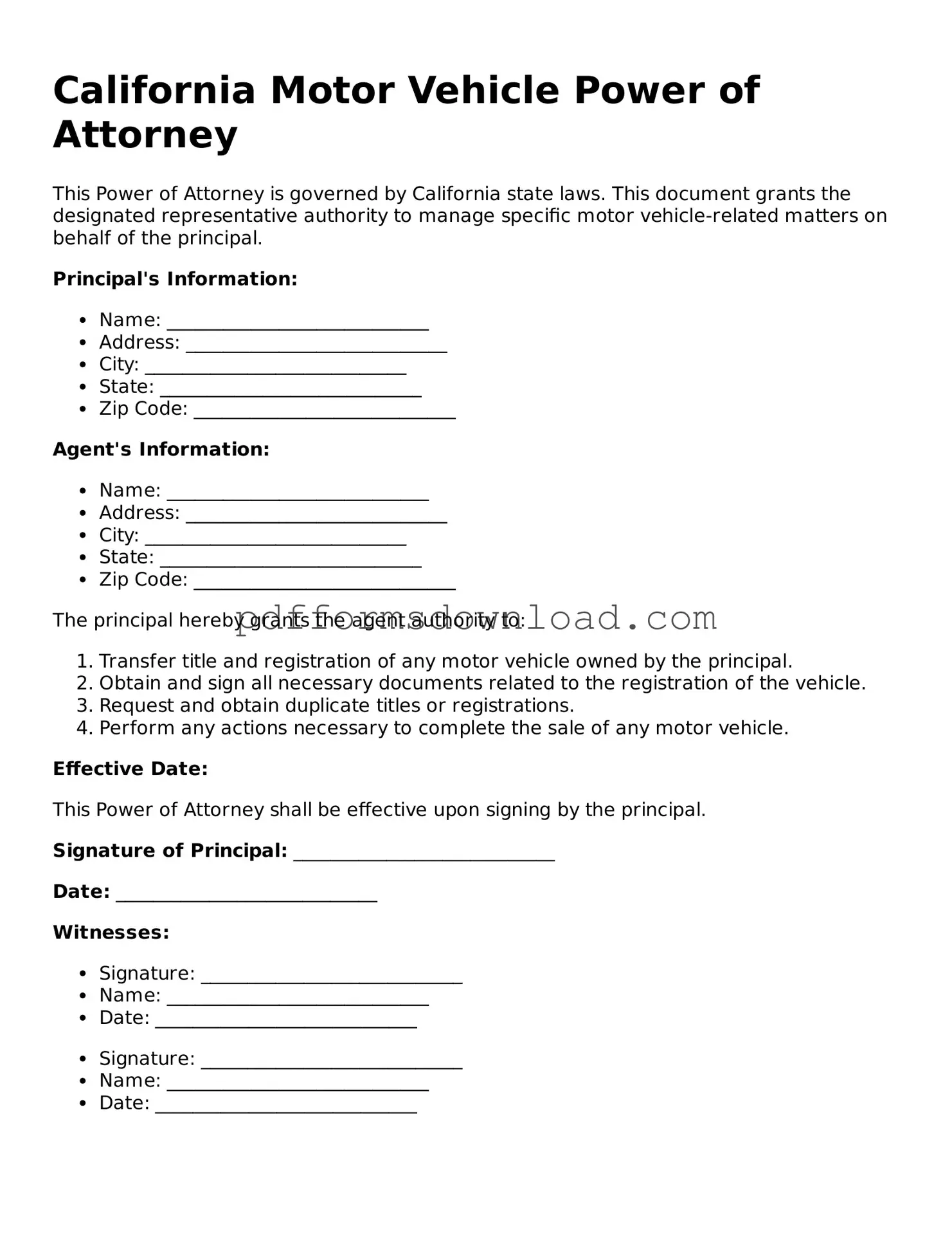 Printable California Motor Vehicle Power of Attorney Form