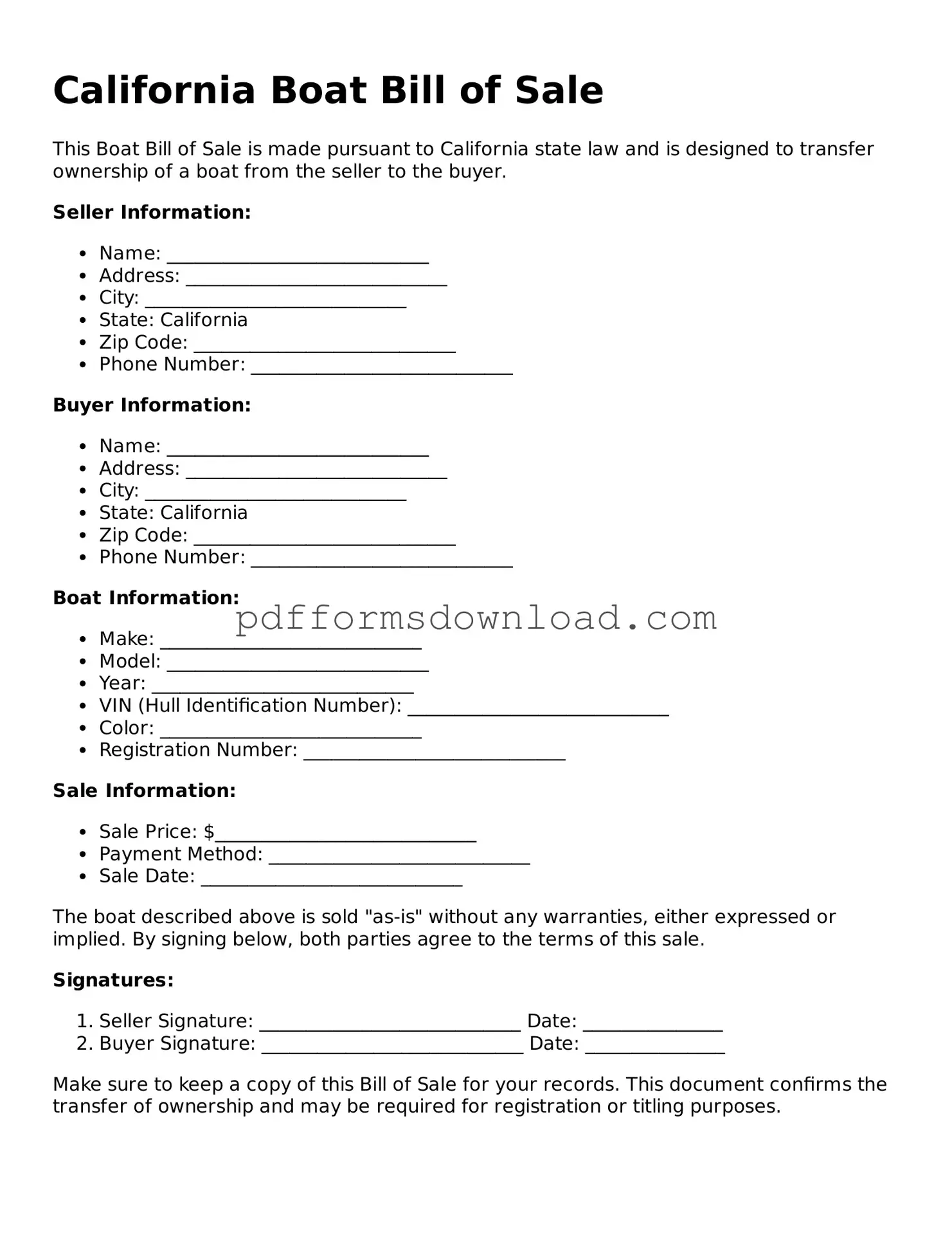 Printable California Boat Bill of Sale Form