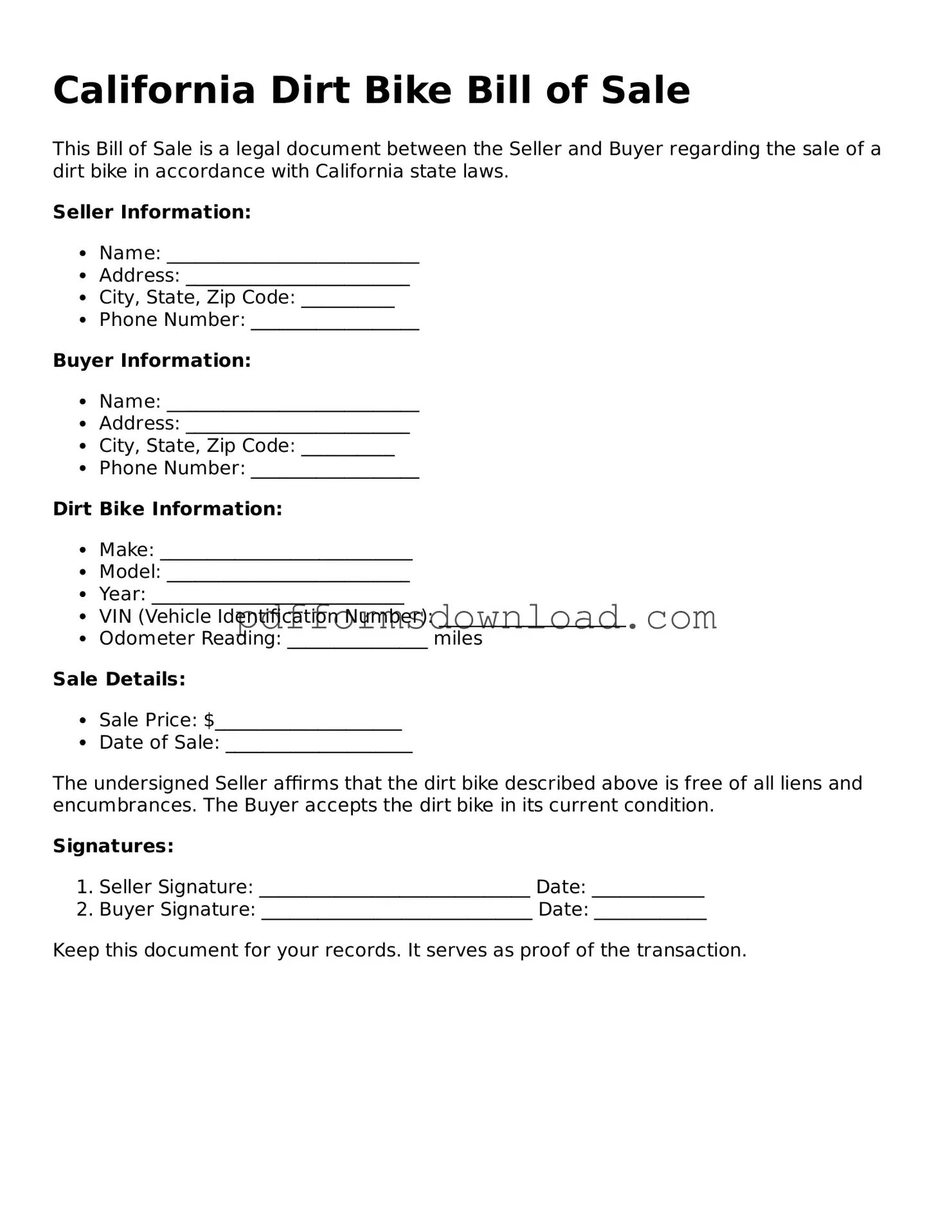 Printable California Dirt Bike Bill of Sale Form