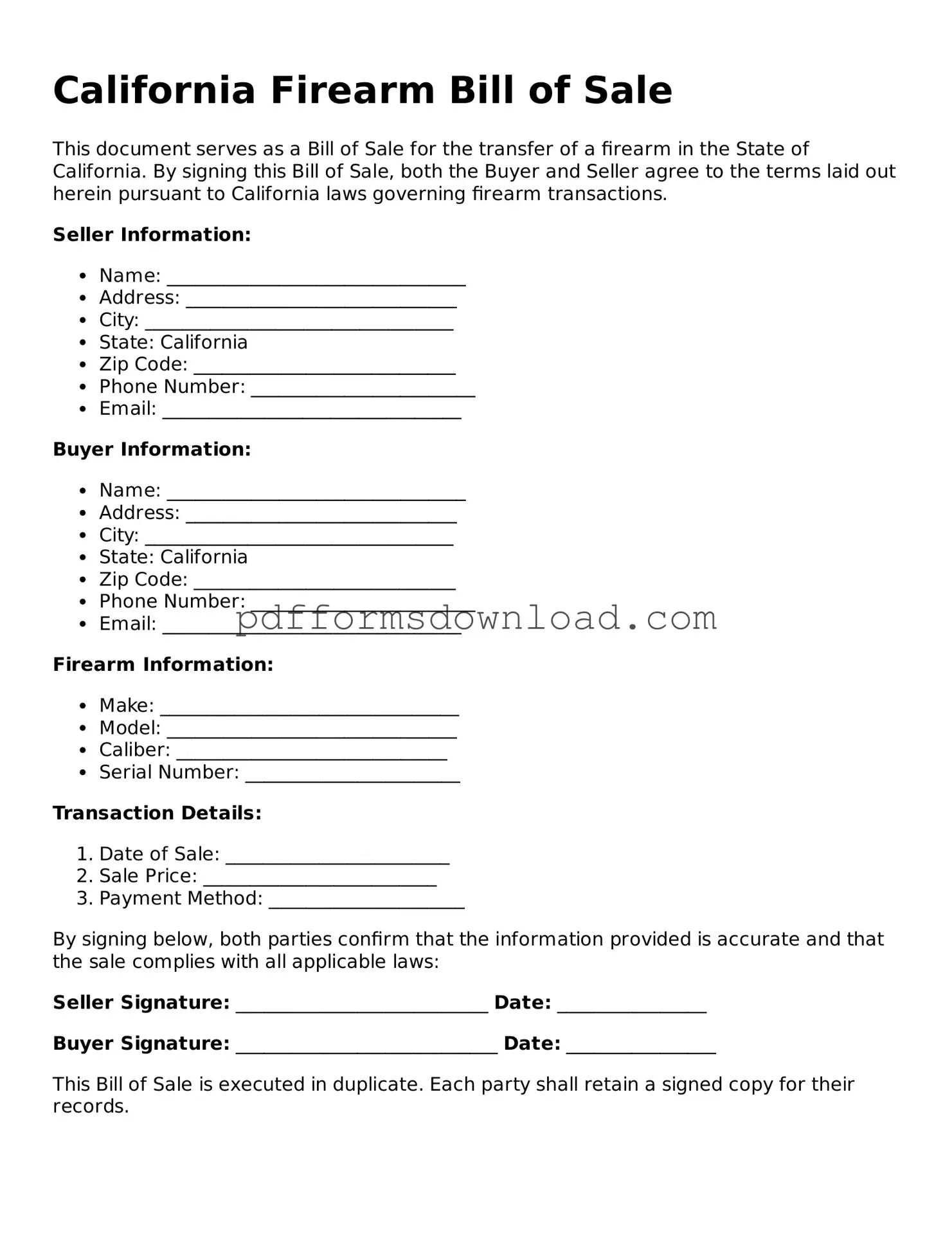 Printable California Firearm Bill of Sale Form
