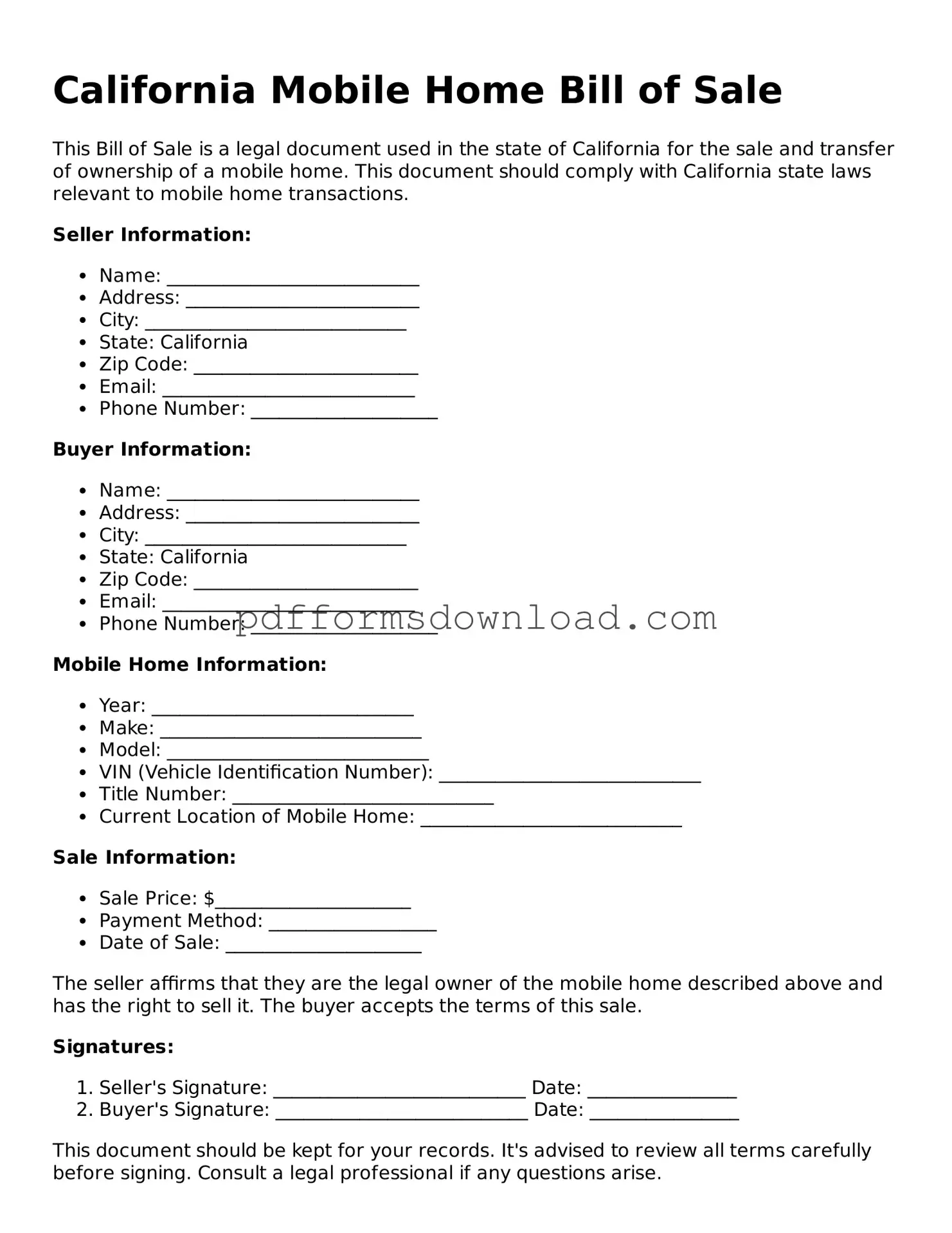 Printable California Mobile Home Bill of Sale Form
