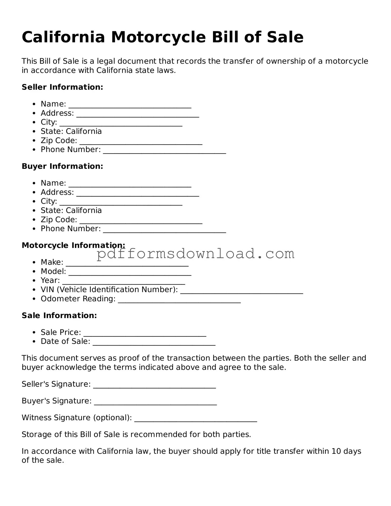 Printable California Motorcycle Bill of Sale Form