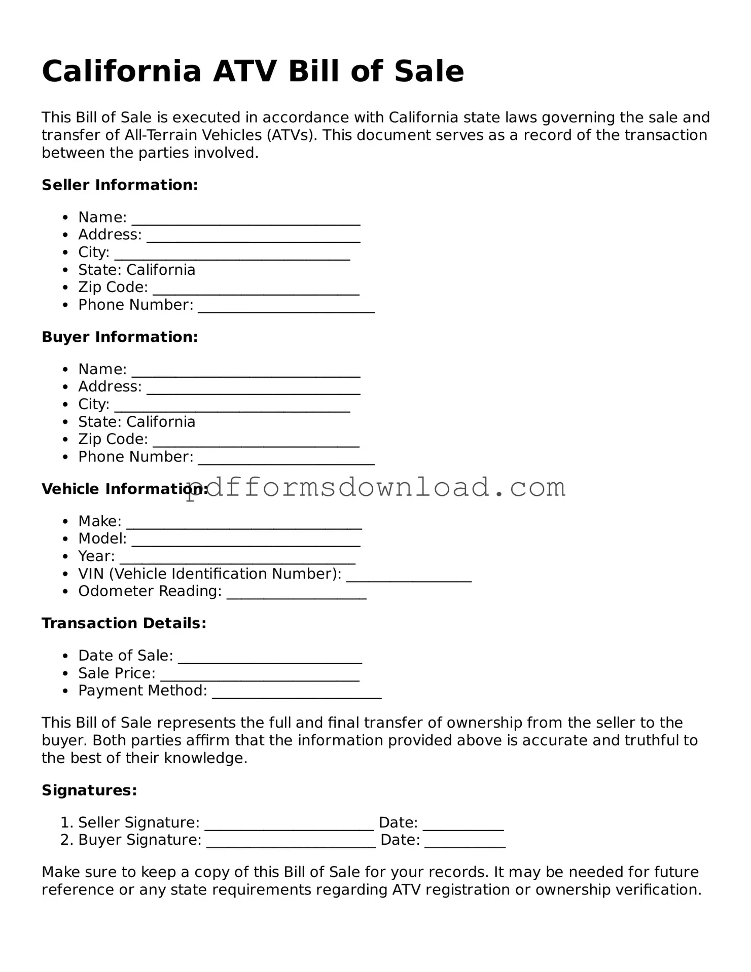 Printable California ATV Bill of Sale Form