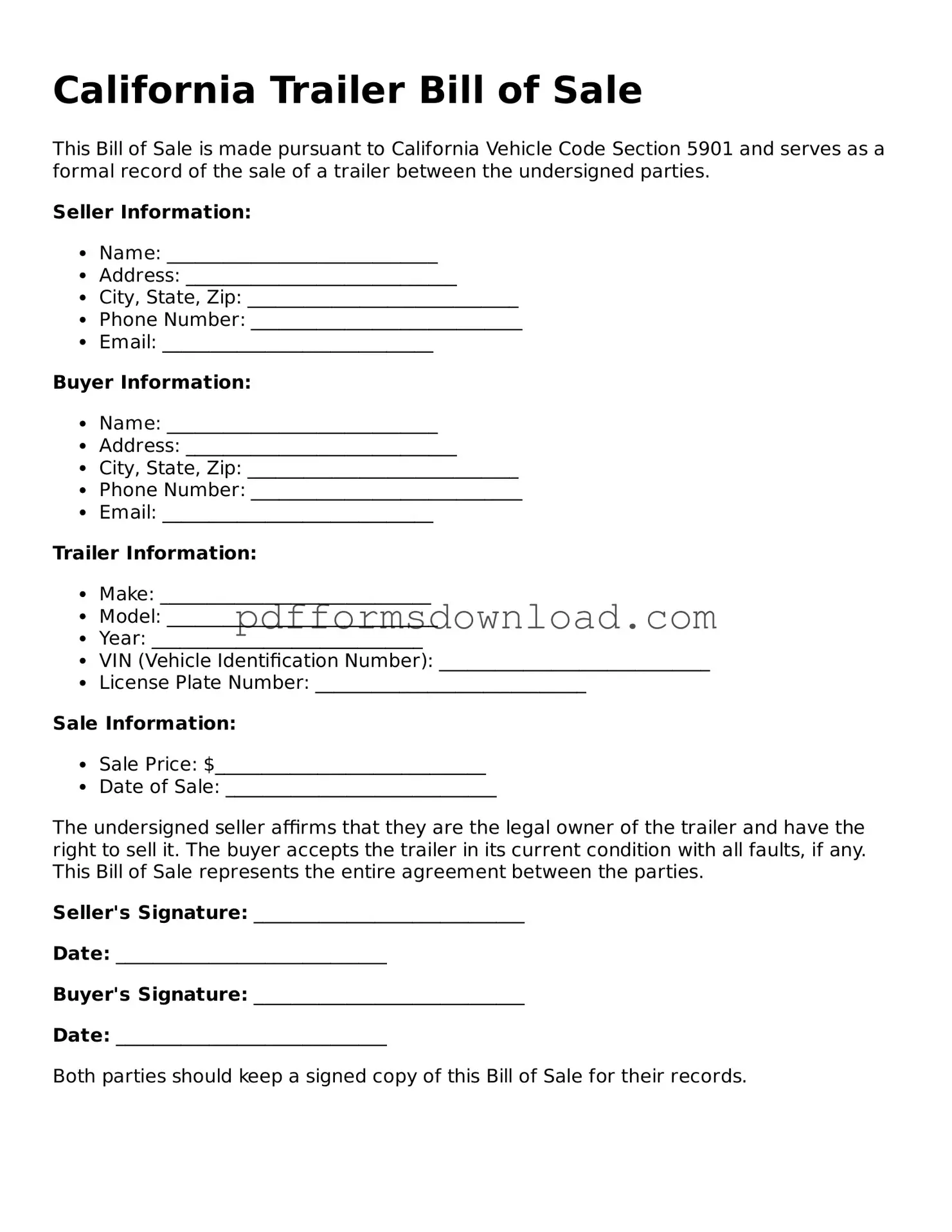 Printable California Trailer Bill of Sale Form