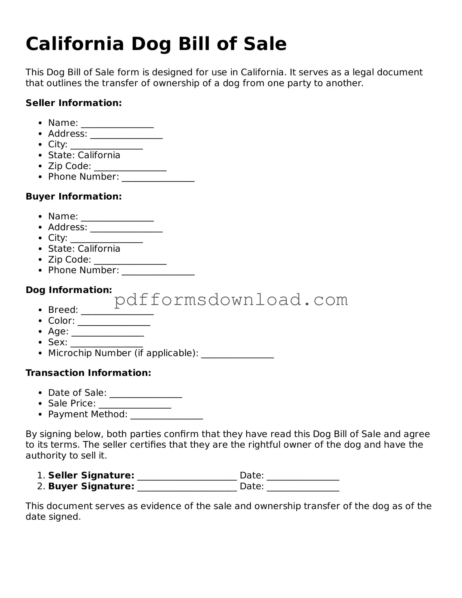 Printable California Dog Bill of Sale Form