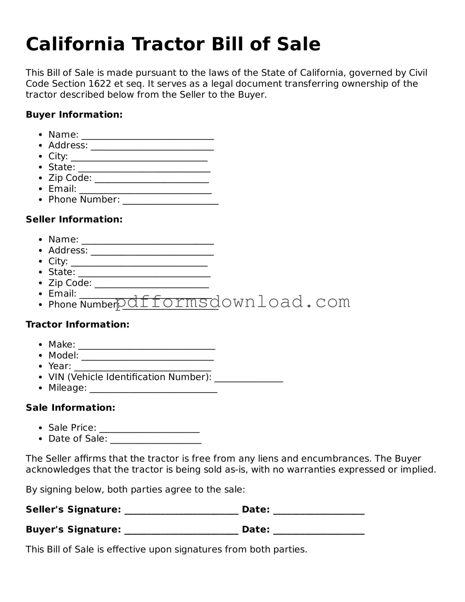 Printable California Tractor Bill of Sale Form