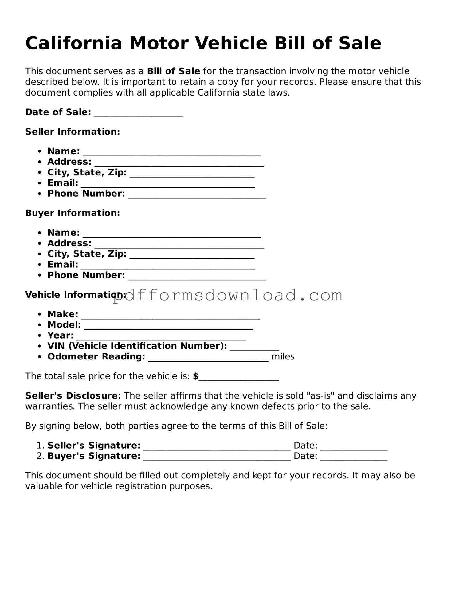 Printable California Motor Vehicle Bill of Sale Form