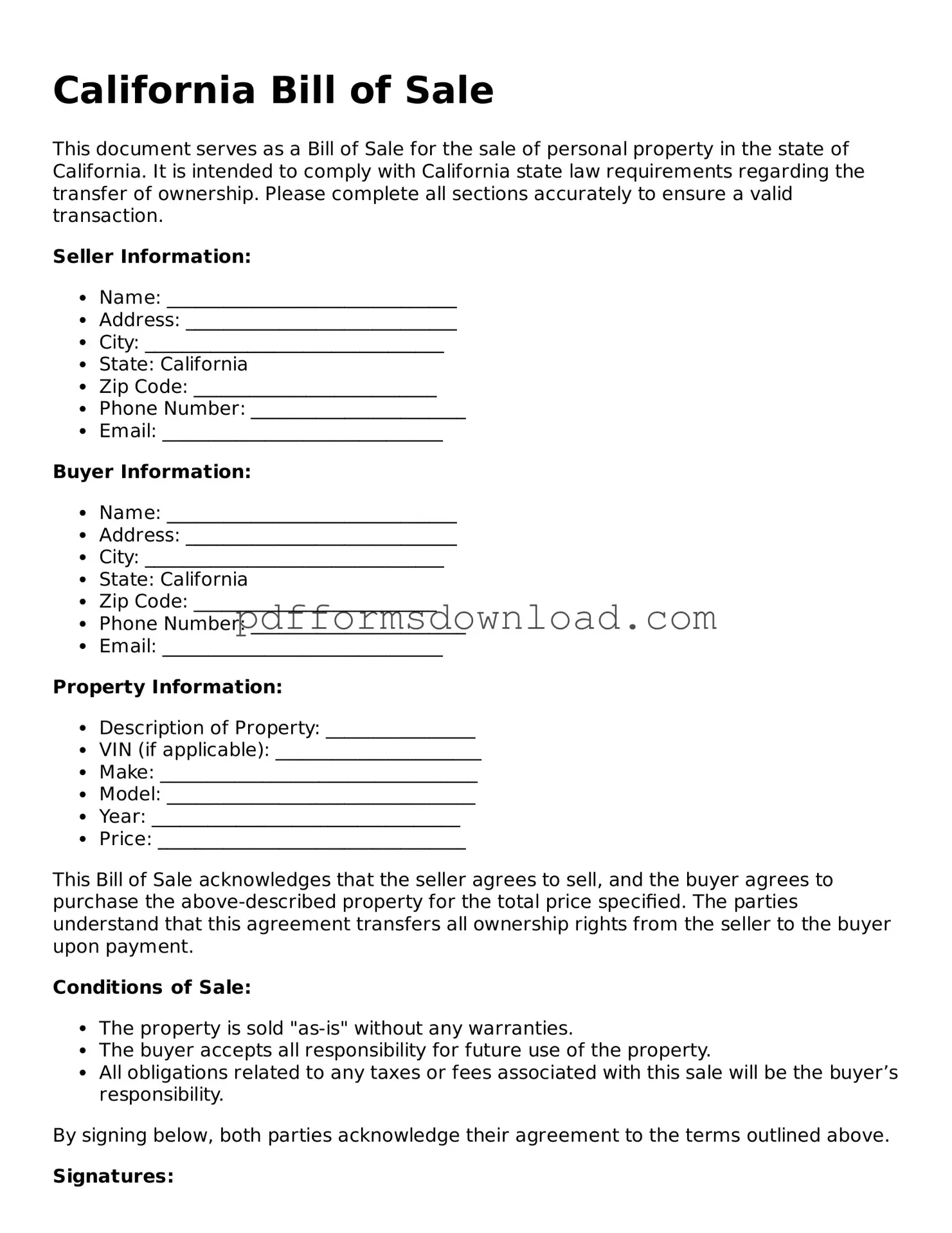 Printable California Bill of Sale Form