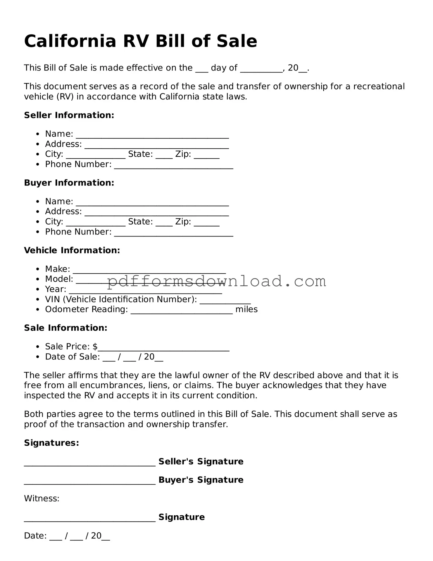 Printable California RV Bill of Sale Form