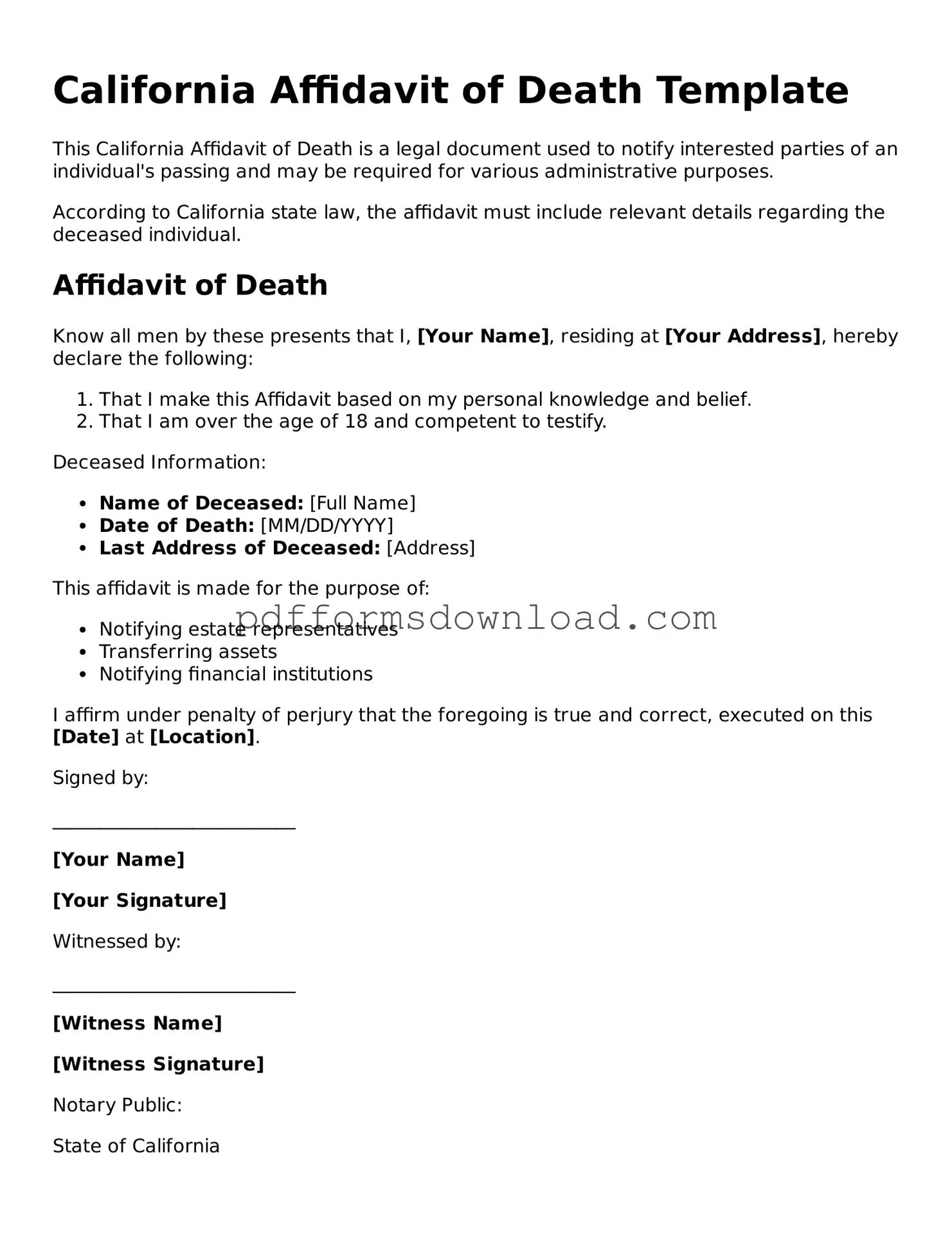 Printable California Affidavit of Death Form