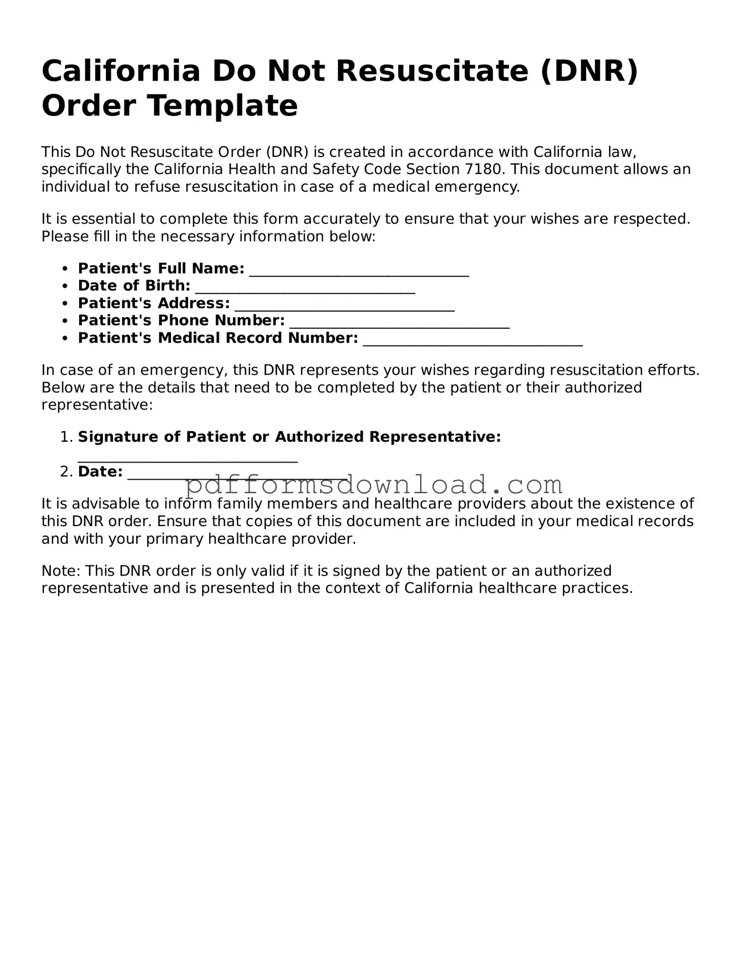 Printable California Do Not Resuscitate Order Form