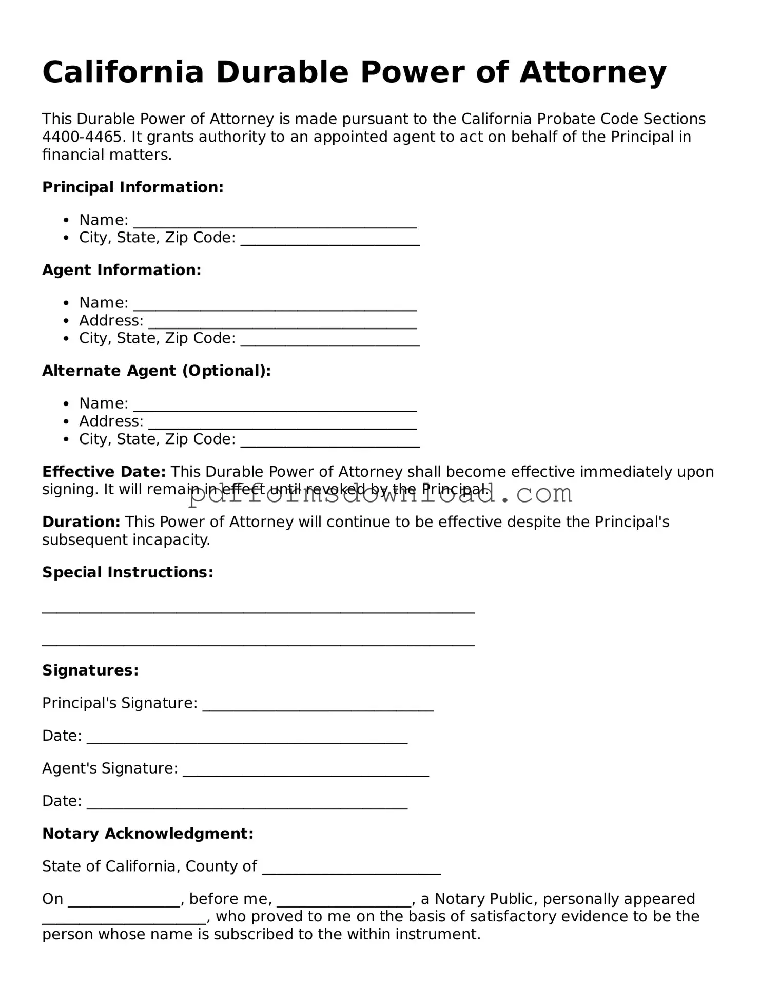 Printable California Durable Power of Attorney Form