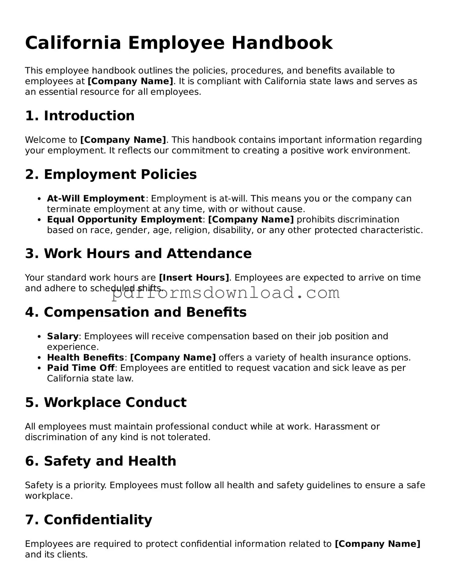 Printable California Employee Handbook Form