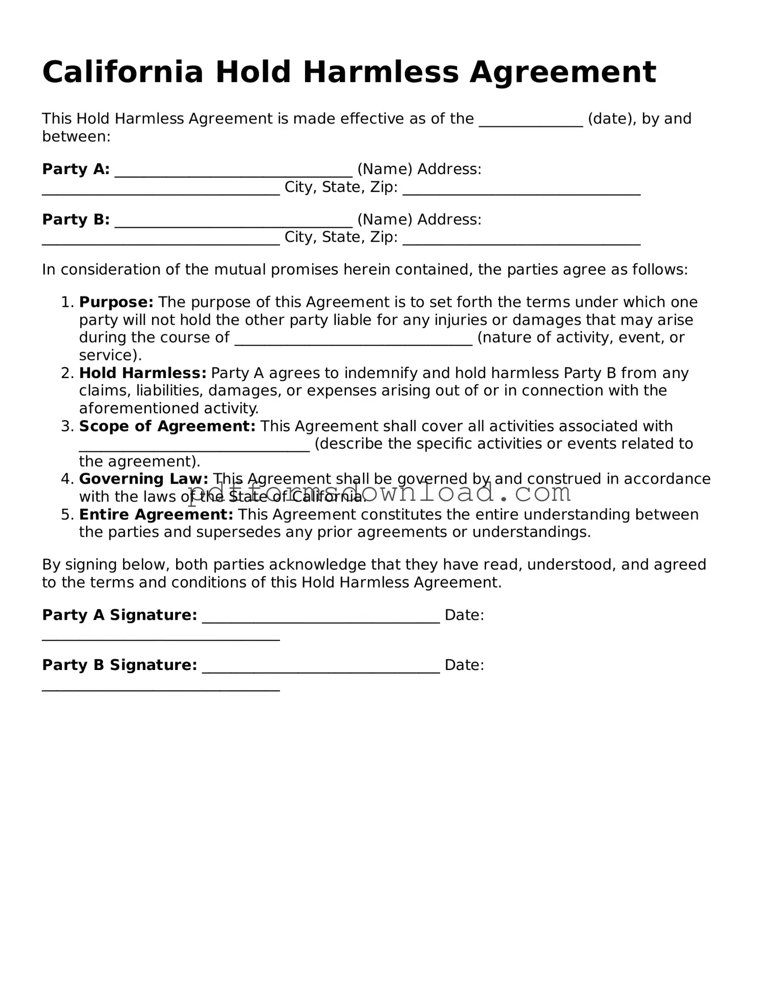 Printable California Hold Harmless Agreement Form
