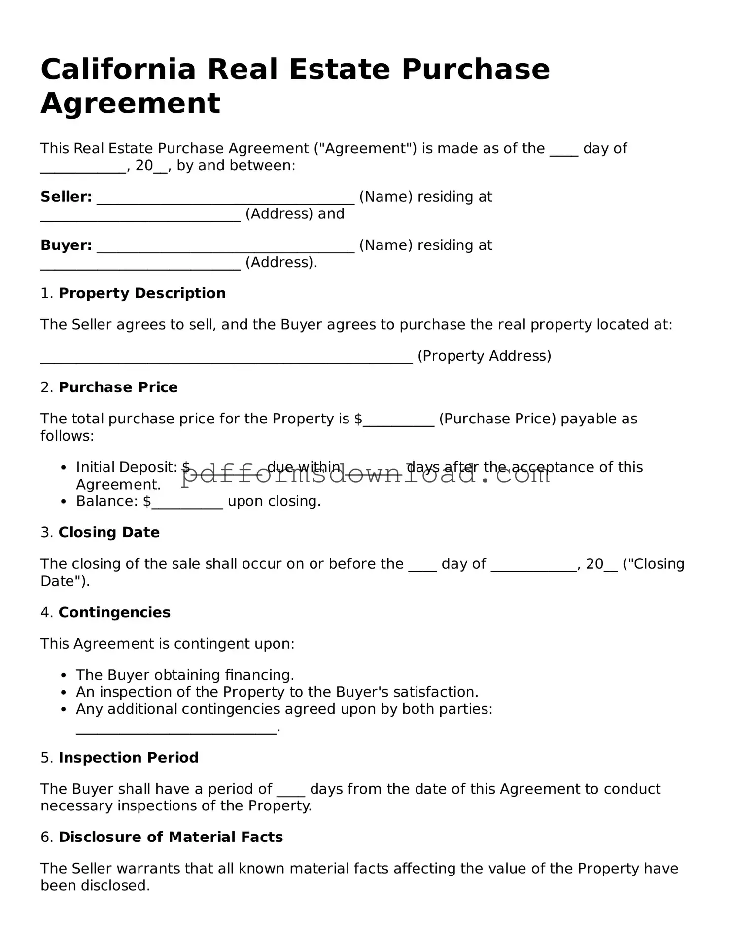 Printable California Real Estate Purchase Agreement Form