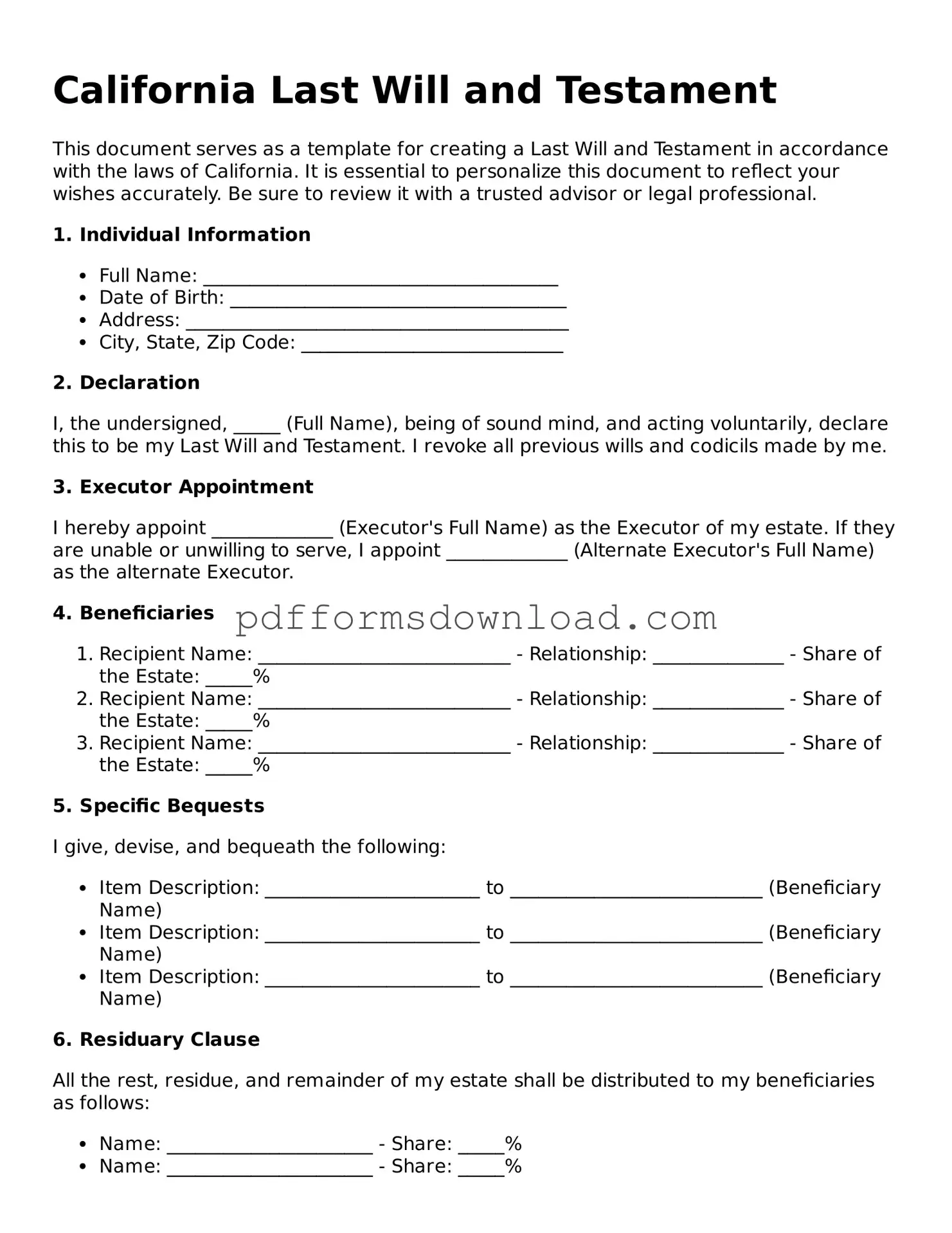 Printable California Last Will and Testament Form