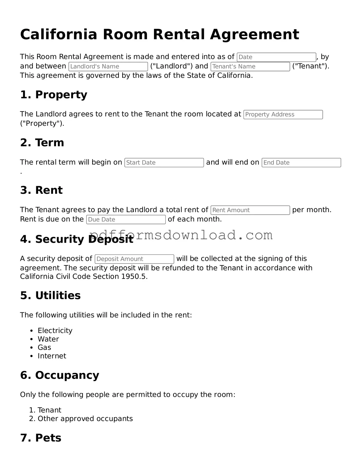 Printable California Room Rental Agreement Form