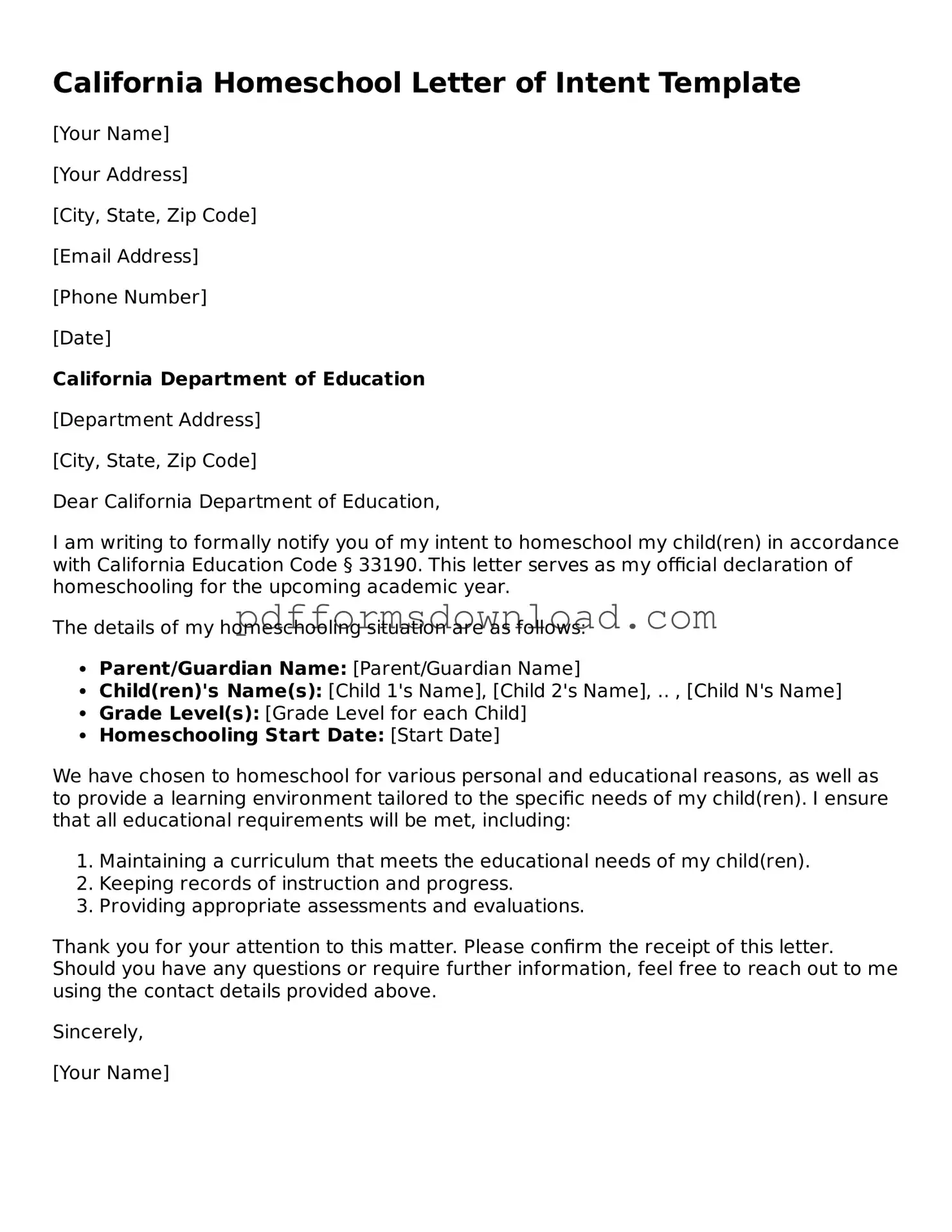 Printable California Homeschool Letter of Intent Form