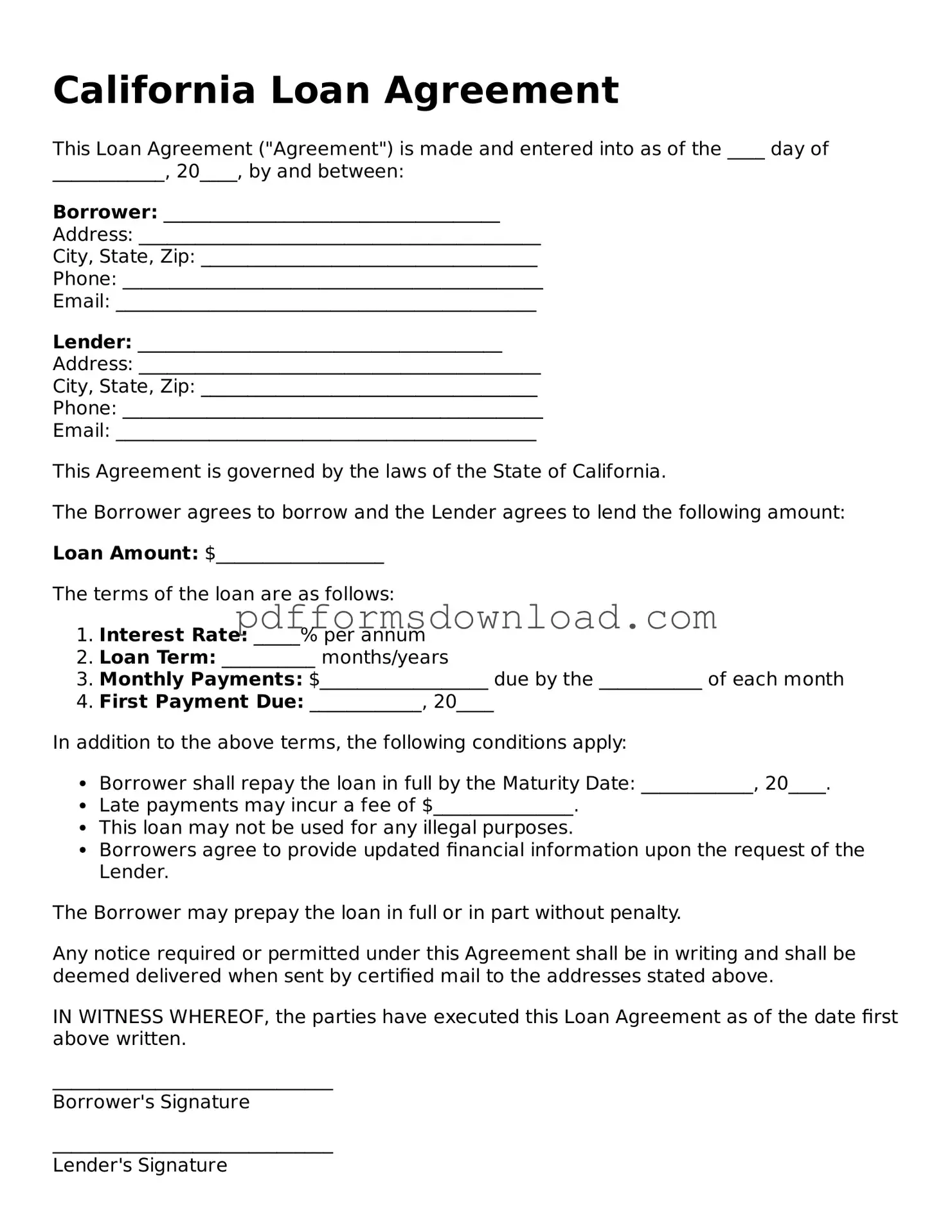 Printable California Loan Agreement Form