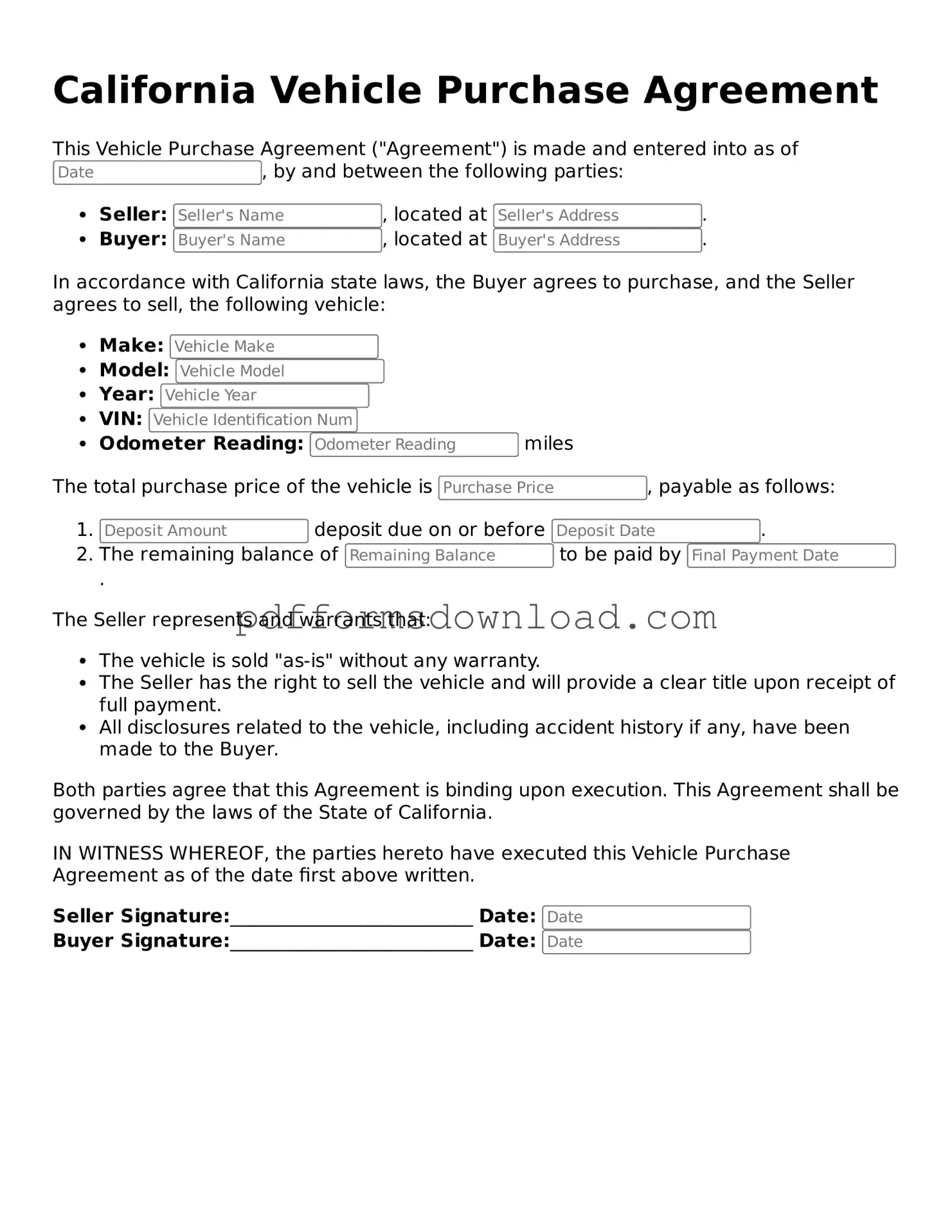 Printable California Vehicle Purchase Agreement Form