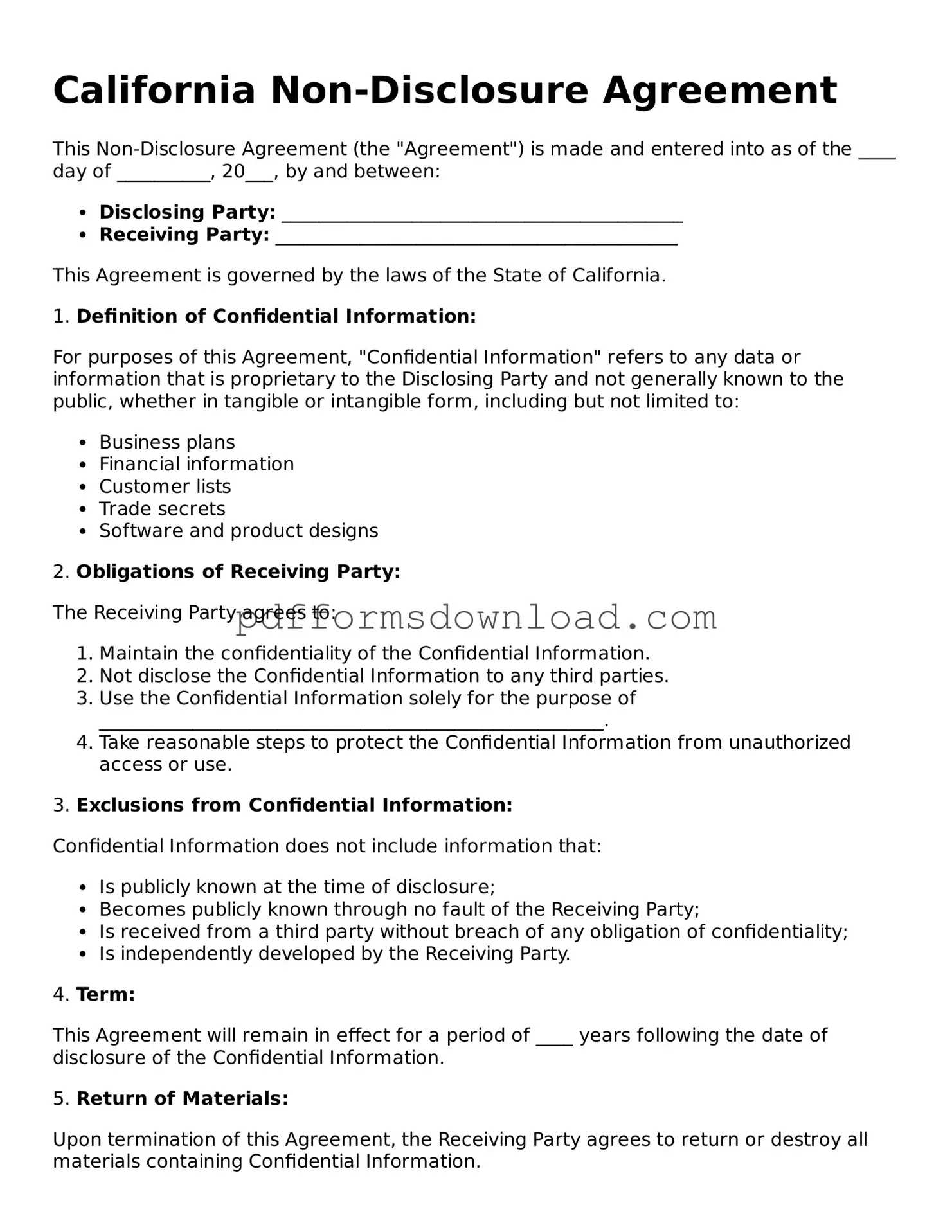 Printable California Non-disclosure Agreement Form