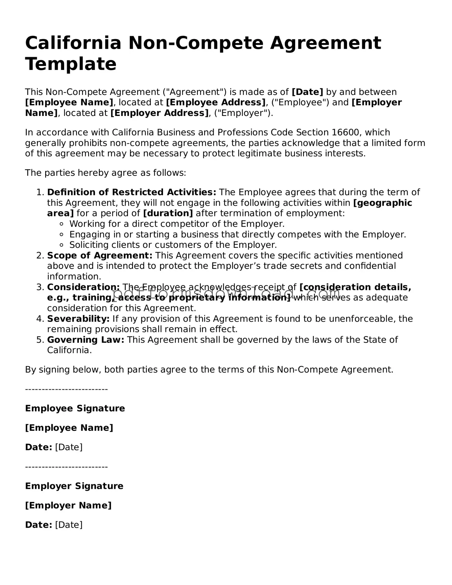Printable California Non-compete Agreement Form