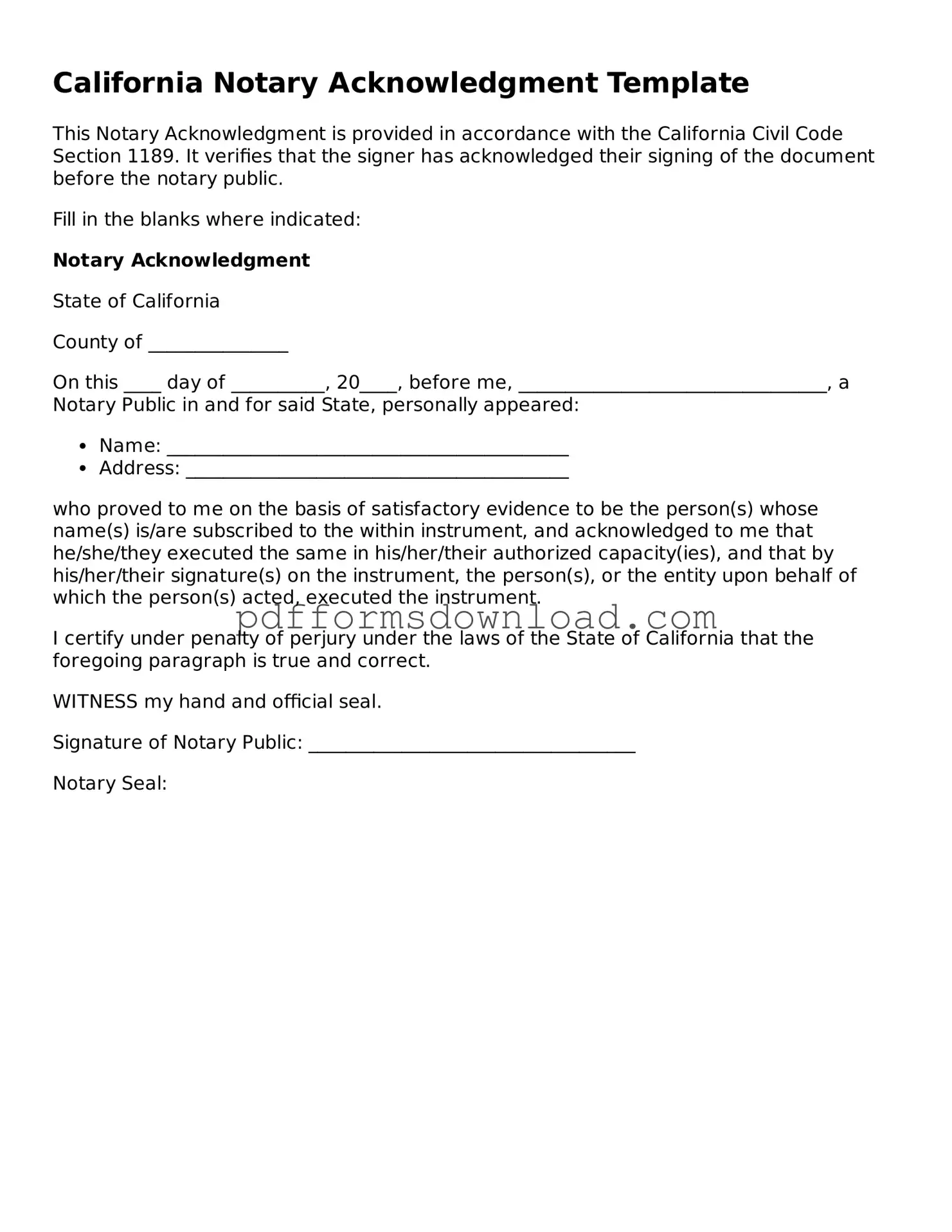 Printable California Notary Acknowledgement Form