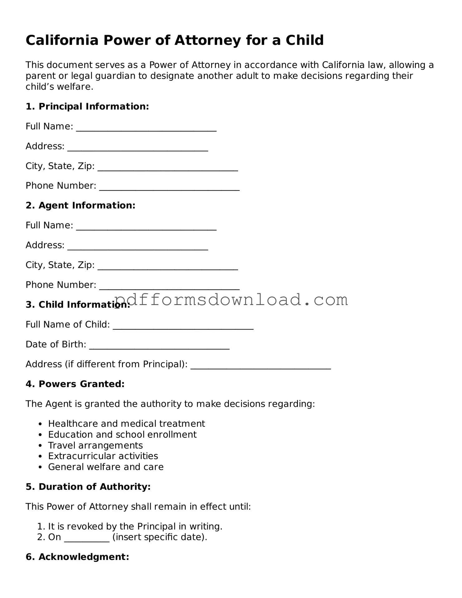 Printable California Power of Attorney for a Child Form