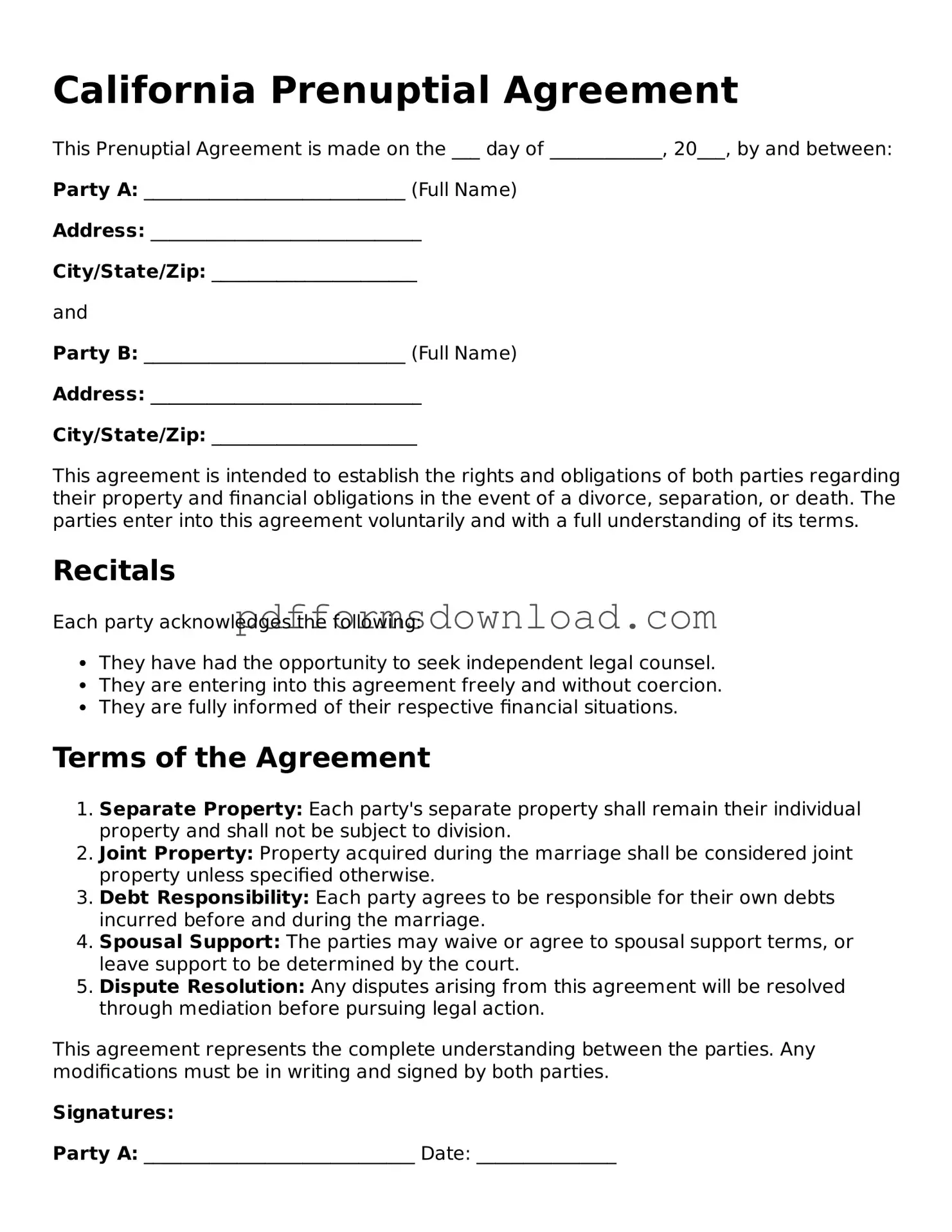 Printable California Prenuptial Agreement Form