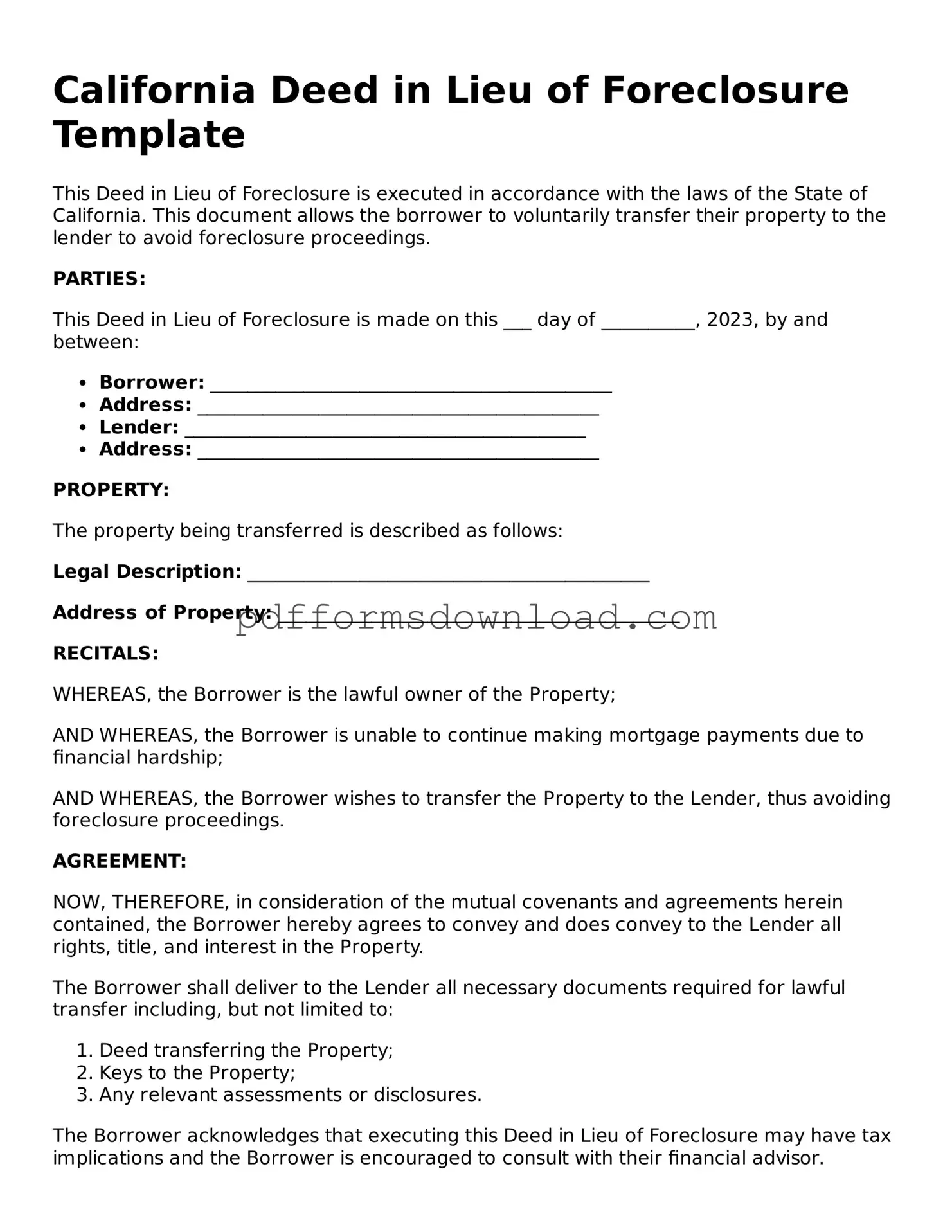 Printable California Deed in Lieu of Foreclosure Form