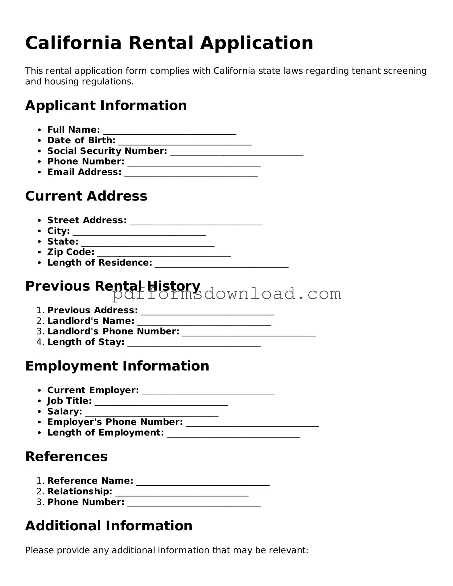 Printable California Rental Application Form