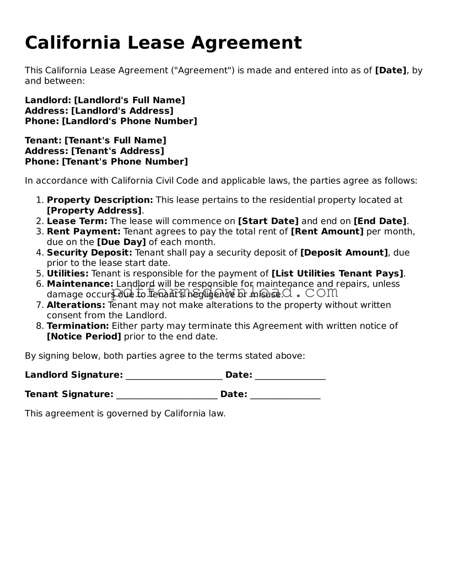 Printable California Lease Agreement Form