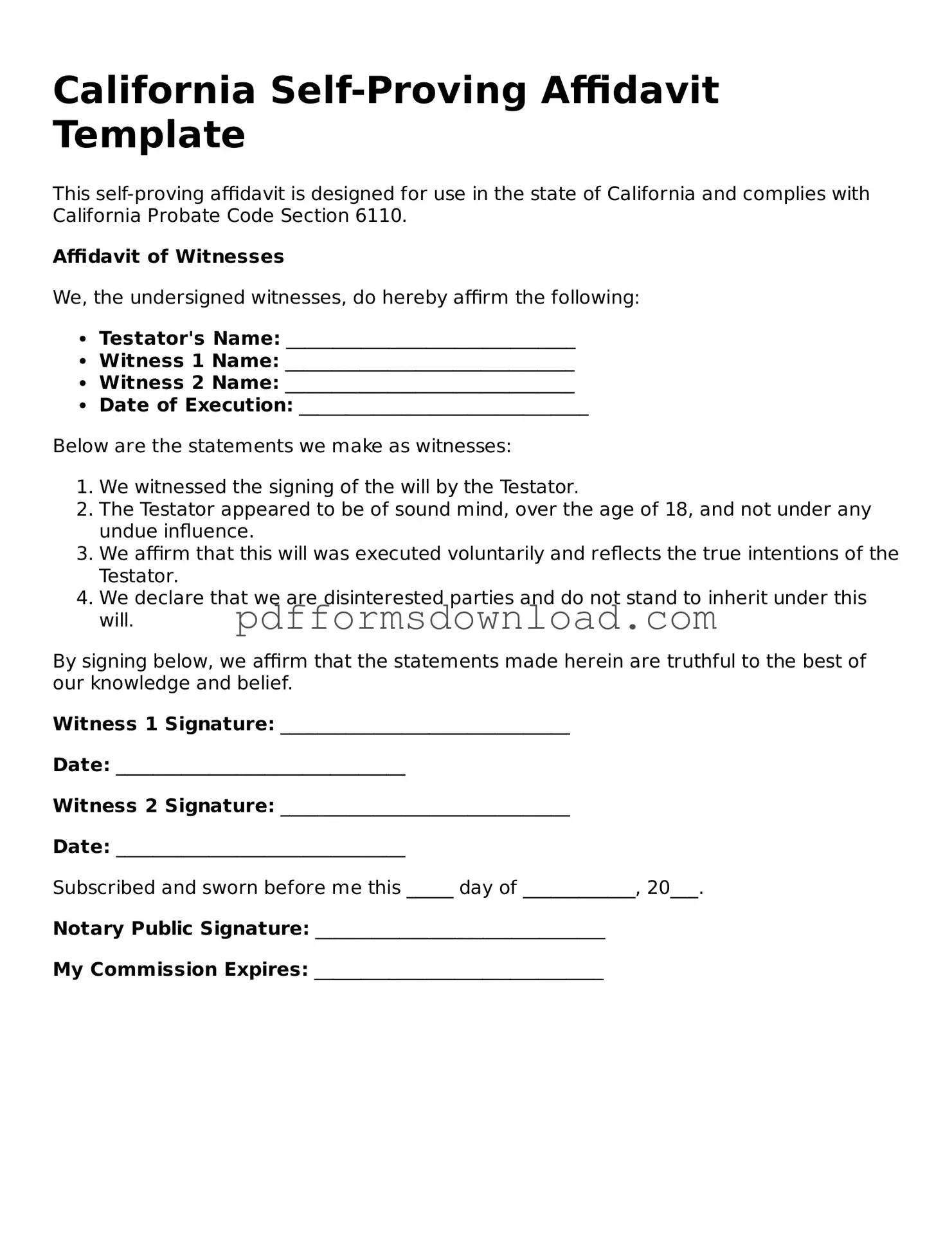 Printable California Self-Proving Affidavit Form