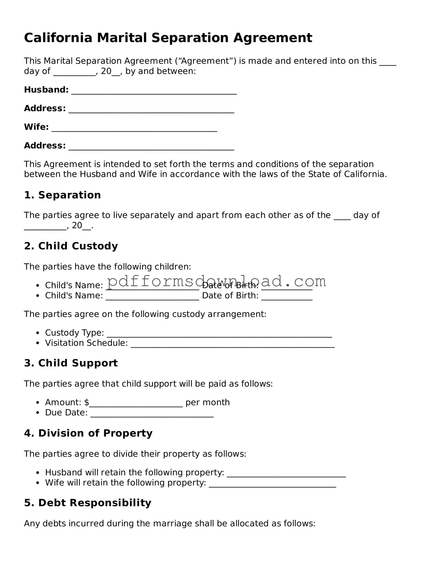 Printable California Marital Separation Agreement Form