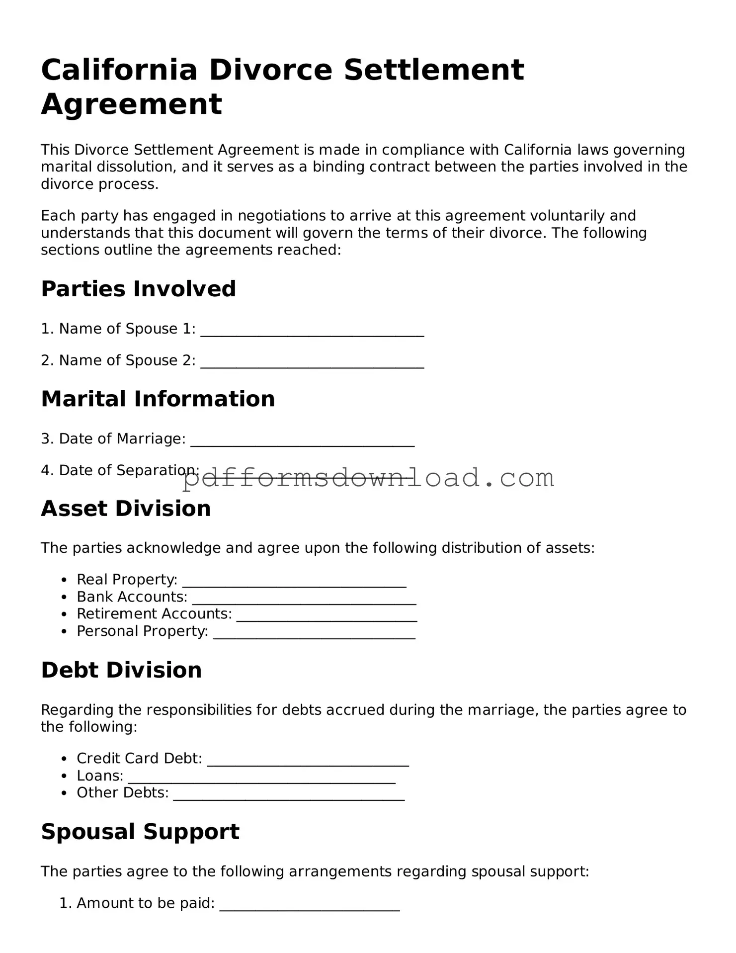 Printable California Divorce Settlement Agreement Form